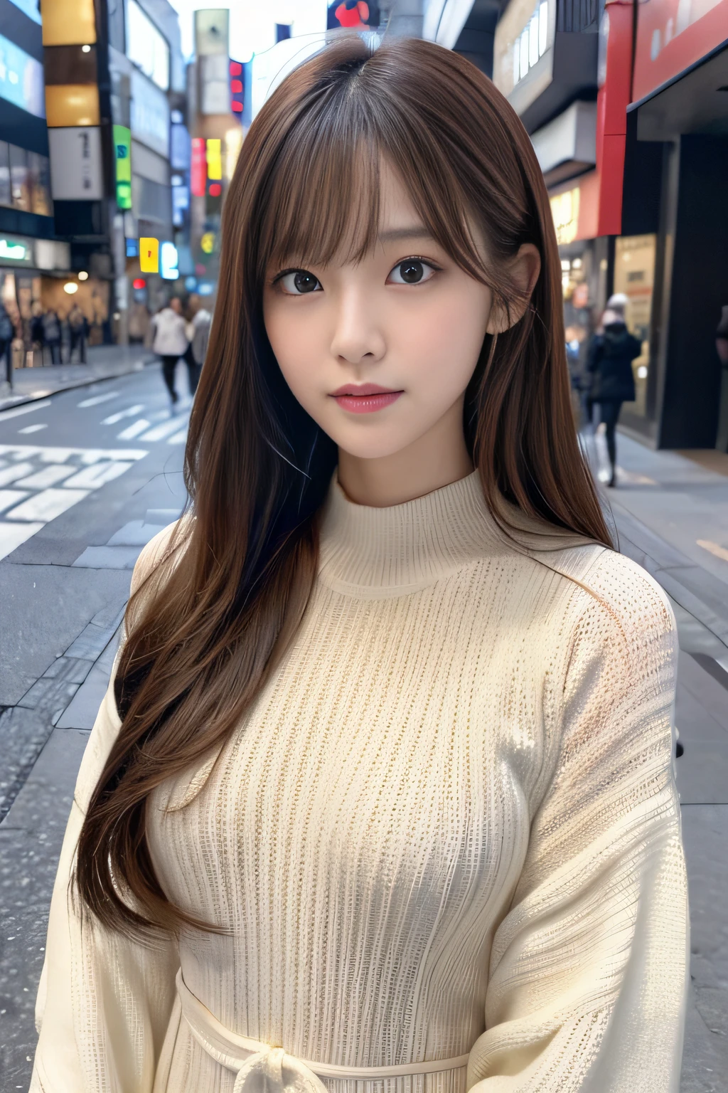 masterpiece、1 beautiful girl、A detailed eye、Puffy eyes、top-quality, 超A high resolution, (Realisticity: 1.4), cinematlic lighting、japanes、Asian Beauty、Super beauty、Beautiful skin、A slender、The body is facing forward、(A hyper-realistic)、(hight resolution)、(8K)、(ighly detailed)、(beautifully detailed eyes)、(ultra-detailliert)、 (wall-paper)、A detailed face、Bright lighting、profetional lighting、looking at viewert、Facing straight ahead、(The costume is a knitted dress)、Long hair, hair messy, asymmetrical bangs, 、nighttime scene、Brown hair、Japan idle、韓国アイドル、hposing Gravure Idol、女優、age19、tall,