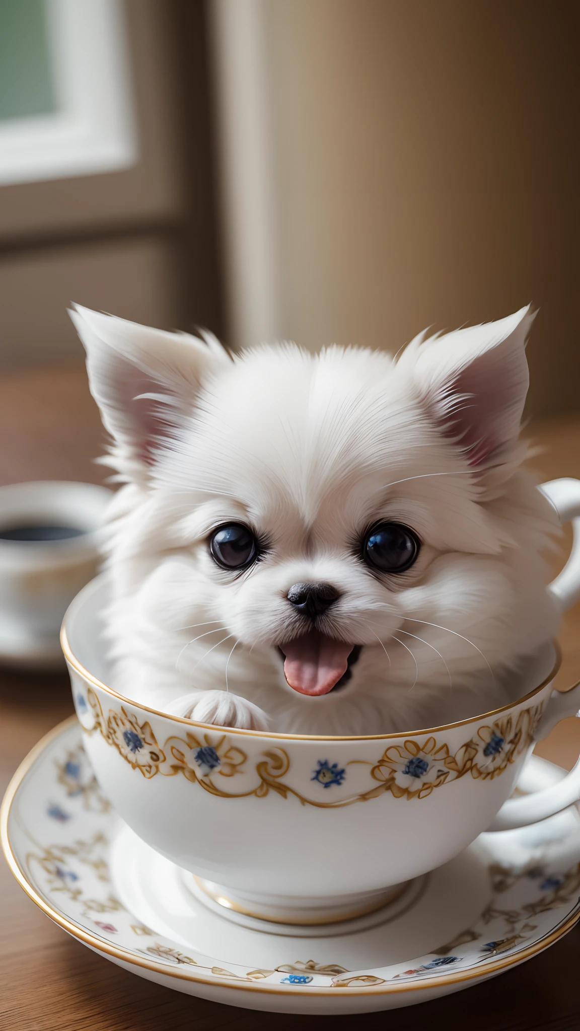A small white Pekingese Chihuahuahua in a teacup in a sunny room sticks out her tongue and wears a ribbon, shot with Sony Alpha 9, Bella, puppies, nuggets, shot with Canon 8 0 d, shot with Canon EOS 5 d Mark IV, cute dog, shot with Canon 5d mk4, shot with Sony A7r camera, shot with Canon EOS R 6, octa 8k,