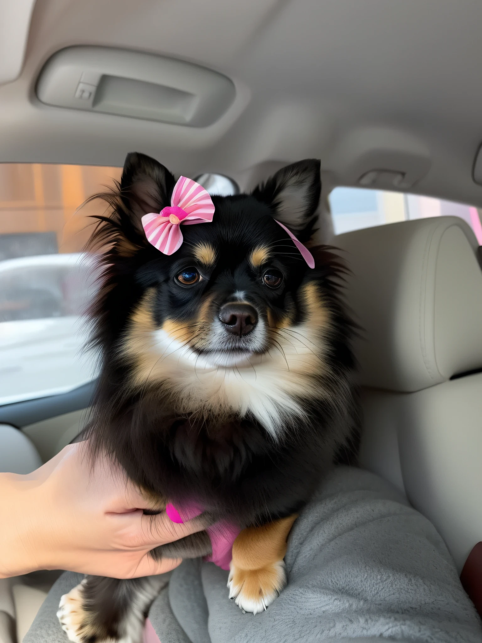 Araffe dog with a pink bow sitting in a car, Mistura Pomeriana, sentada em seu carro, flor em seu cabelo, ela tem um rosto bonito, ela tem um rosto expressivo bonito, Pomeranian, chihuahua de cabelos longos, peludo bonito precisa de sua ajuda, her face looks like an orchid, Directed by: Emma Andijewska, wearing pink hair bow