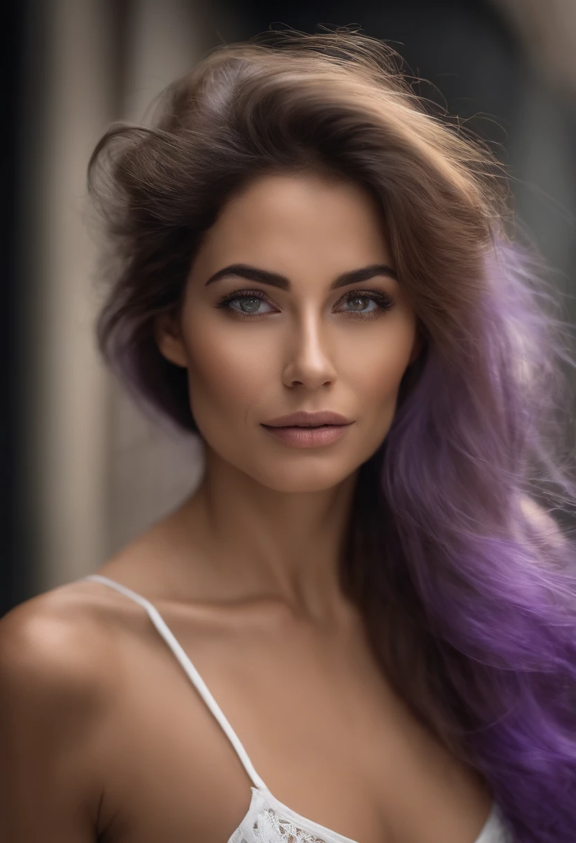 imagem realista, qualidade 8k, mulher, uns 50 anos, corpo exuberante, seios grandes e lindos, cintura fina proporcional ao corpo, coxas grandes e macias, Her hair is white with strong purple tips, ela tem olhos roxos, she is naked, She's walking down the street of Tokyo