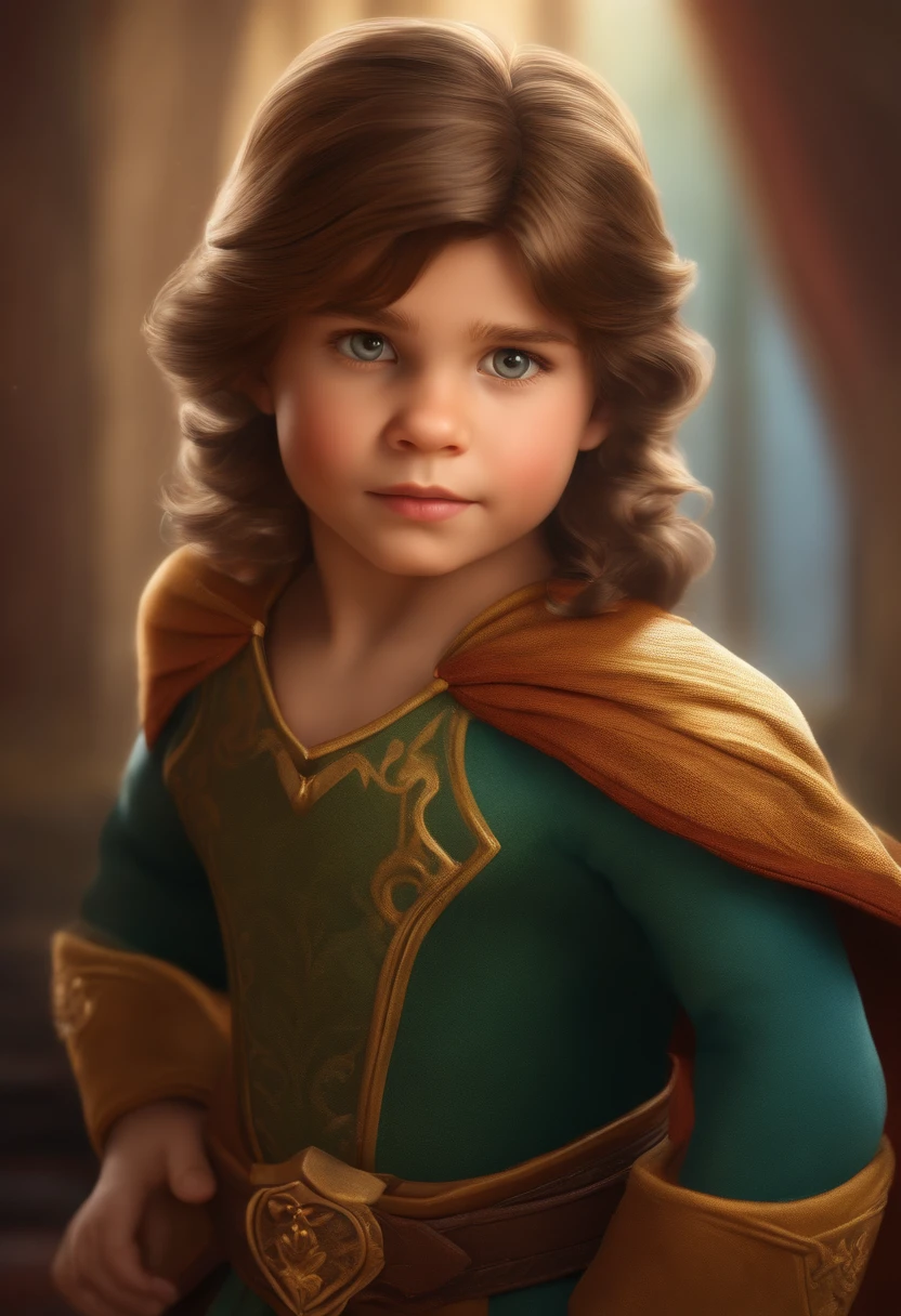 cartoon child, similar to a Disney prince, com cabelos castanhos escuros, encaracolado, super fofo, desenho colorido (((arte do grafite) (Directed by: Karen Griffith))), Detalhe louco, detalhes intrincados, Super Detalhe, cinematic soft lighting, exposure blending, HDR 8K, Cores saturadas em primeiro plano