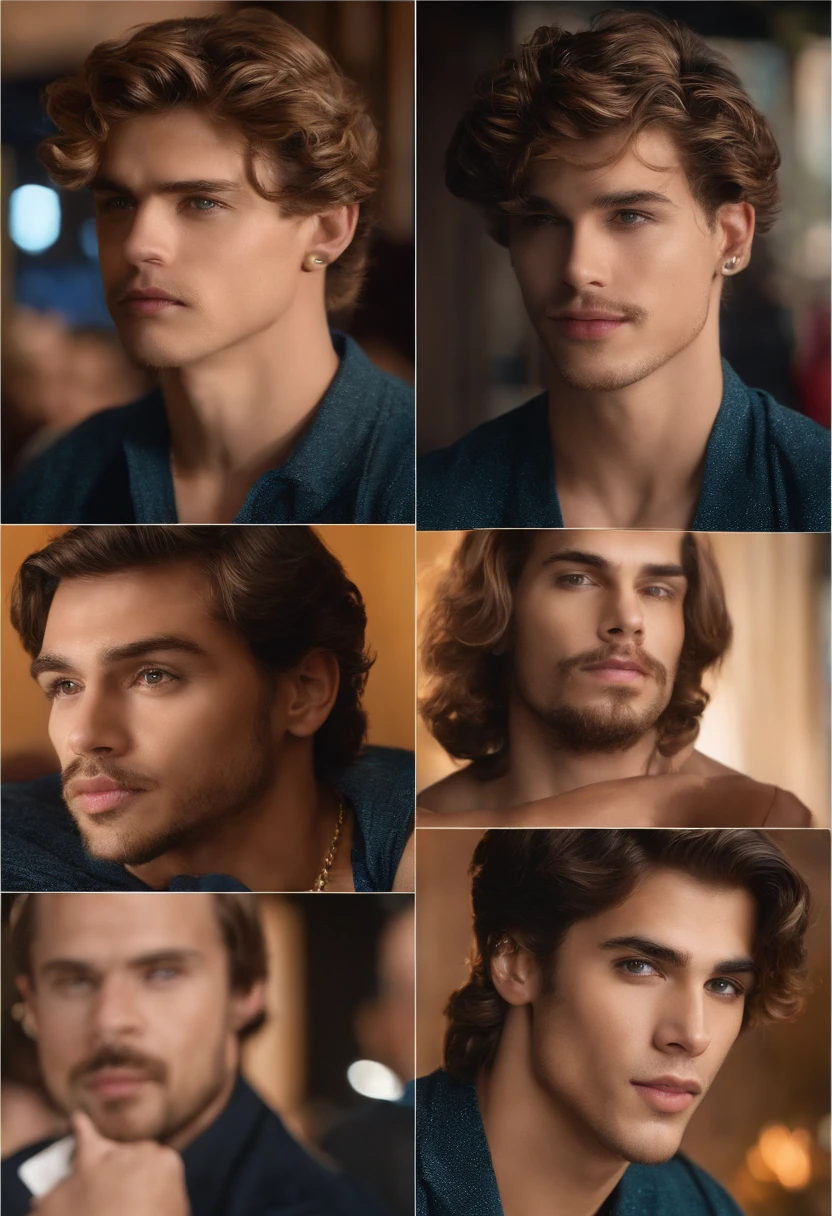 criar a capa de um filme animado, com um homem de 22 anos pardo, cabelo chacheado curto com degrade nas laterais do cabelo, sorrindo e bonito, sobrencelha com um risco fino na esquerda, um bigode fino e um cavanhaque, brinco de diamante na orelha esquerda