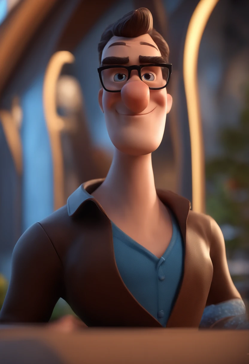 Cartoon character of a man with black glasses and a blue shirt, animation character, Caractere estilizado, animation style rendering, 3D estilizado, Arnold Maya render, 3 d render stylized, toon render keyshot, Personagem 3D, Personagem 3D, 3d rendering stylized, 3 d character render, personagem de desenho animado, Personagem de close up, Pose de personagem,  (Estilo Pixar) (master part:1.2) (Bokeh) (best quality) (pele detalhada) (textura detalhada) (8k) (argila) (Cinematic lighting) (foco nítido