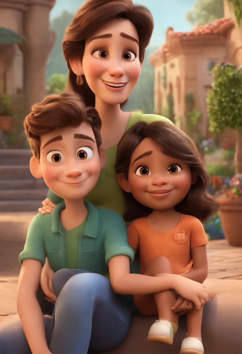 Create a Disney PIXAR-style 3D poster. ((Center of the image A family of 4)), ((do lado esquerdo pai de 42 anos, alto, rosto longilineo, pele clara, cabelos curtos e liso cor castanha e olhos castanhos, On the right side, the mother, 40 years Asian, tem pele castanha, cabelos lisos abaixo dos ombros castanho escuro e olhos castanhos escuros,  2 children center ((1 6-year-old boy is standing, na frente do pai, ele tem pele castanha, olhos castanho escuro e cabelos liso e curto castanhos escuro, The other boy is on his mother's lap, ele tem 4 anos, tem pele clara, olhos azuis e cabelos loiro cacheado, The two boys are smiling)) ((tudo isso no estilo Disney PIXAR 3D, In the background, Paulista Avenue in Sao Paulo Cartoonish Design Style, POP Mart, soft lighting, linhas suaves, Spring tilt, Detailed illustrations of PIXAR 3D, Detalhes hiper-realistas, cor quente no estilo Disney PIXAR 3D))