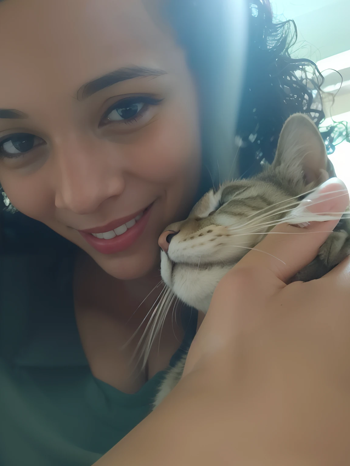 Smiling woman holding a cat in her arms and smiling at the camera, bochechas grandes segurando seu gato, com gato pequeno no colo, she is holding a cat in her arms, segurando um gato, mulher e gato, cuddling her gremlings, non blurry, Tomado com Sony Alpha 9, foto selfie, Woman / cat hybrid, imagem de qualidade muito baixa