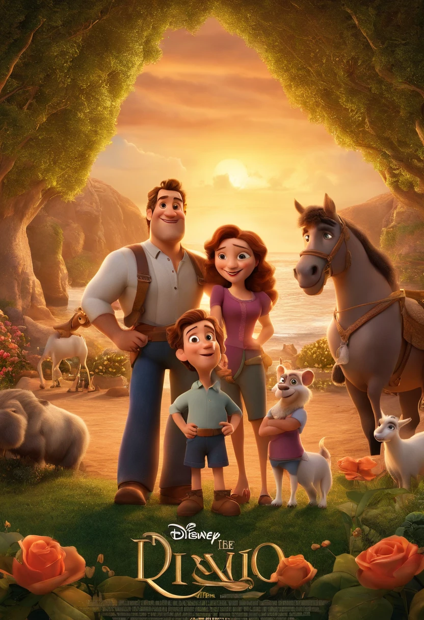 a Disney Pixar movie poster showing a white-skinned family. The father is the tallest, Tem barba curta, loiro, cabelos curtos e espinhosos. The mother has brown eyes and hair, shoulder-length and is slightly overweight. A menina tem 4 anos e cabelos castanhos, roupa rosa e rabos de cavalo. The background is a beach garden. 3D-rendering