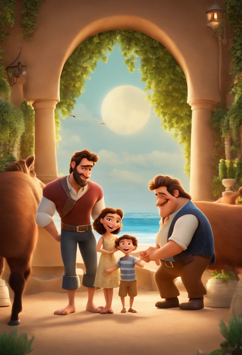 a Disney Pixar movie poster showing a white-skinned family. The father is the tallest, Tem barba curta, loiro, cabelos curtos e espinhosos. The mother has brown eyes and hair, shoulder-length and is slightly overweight. A tem 4 anos e cabelos castanhos, roupa rosa e rabos de cavalo. The background is a beach garden. 3D-rendering