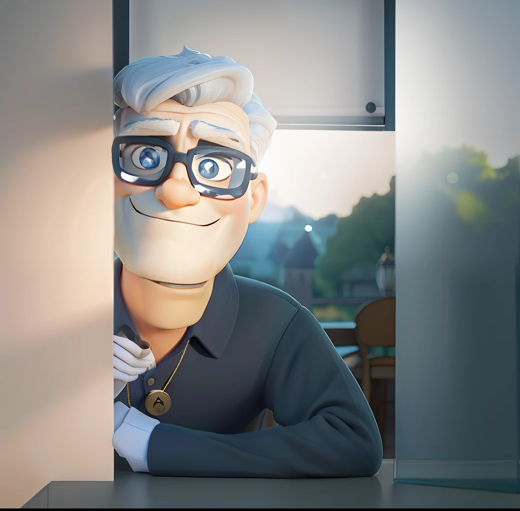 Um homem vestindo um terno como o do Jack skellington, veste uma capa de bruxo prata, Next to it is a small round table with a golden candlestick and in the background a window, cortinas cor de vinho, poses while looking at the camera sideways, cabelos pretos, rosto sem barba, rosto magro, In his hand a dark Zul umbrella, The sky that appears in the window is dark and starry