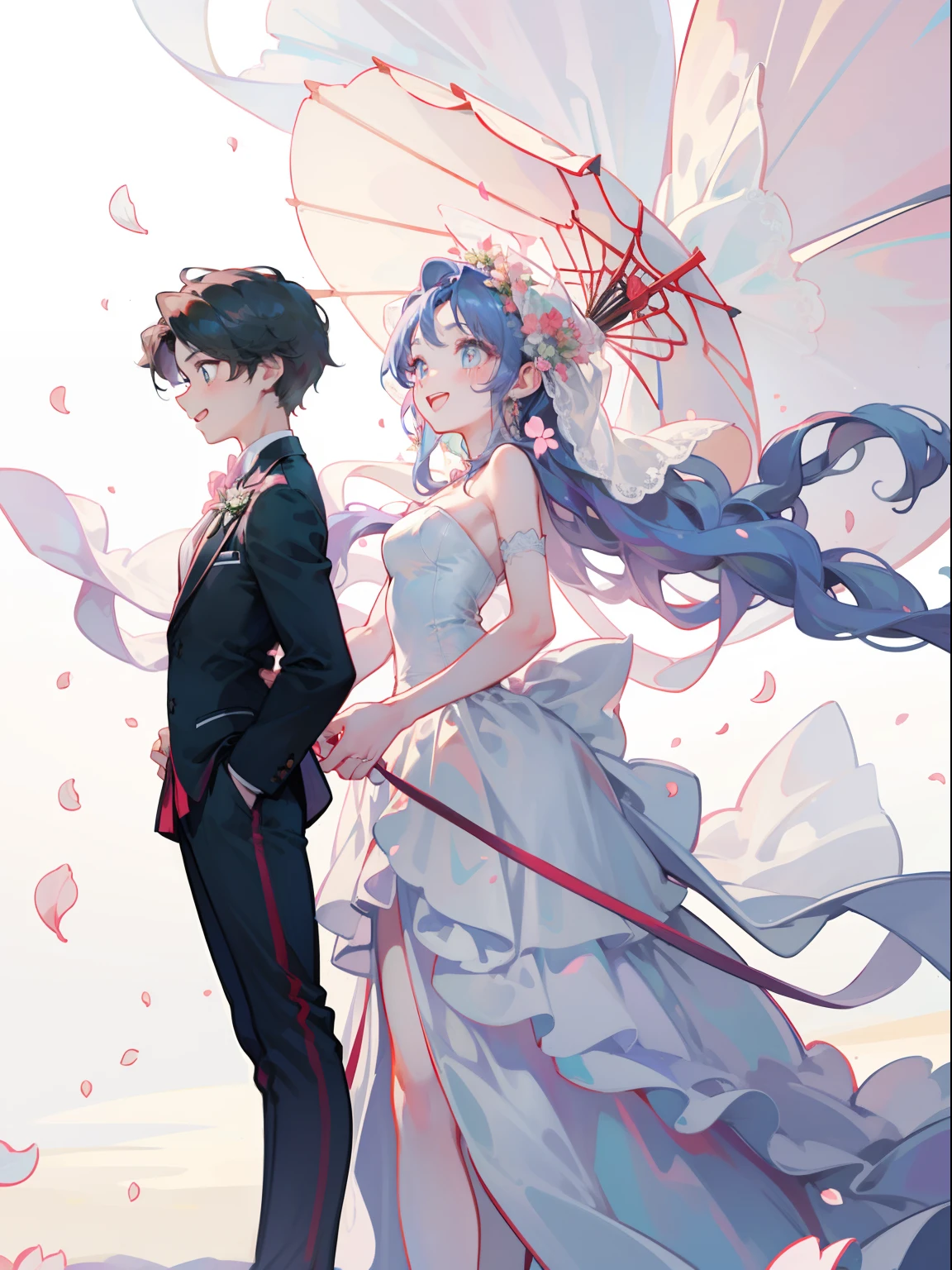 1 girl and 1 boy standing together,Masterpiece, A high resolution, The groom wears new clothes,The bride wears a wedding dress,having fun,Petals flutter,Close-up,Bright eyes,wide wide shot,Laughing,Anatomically correct,