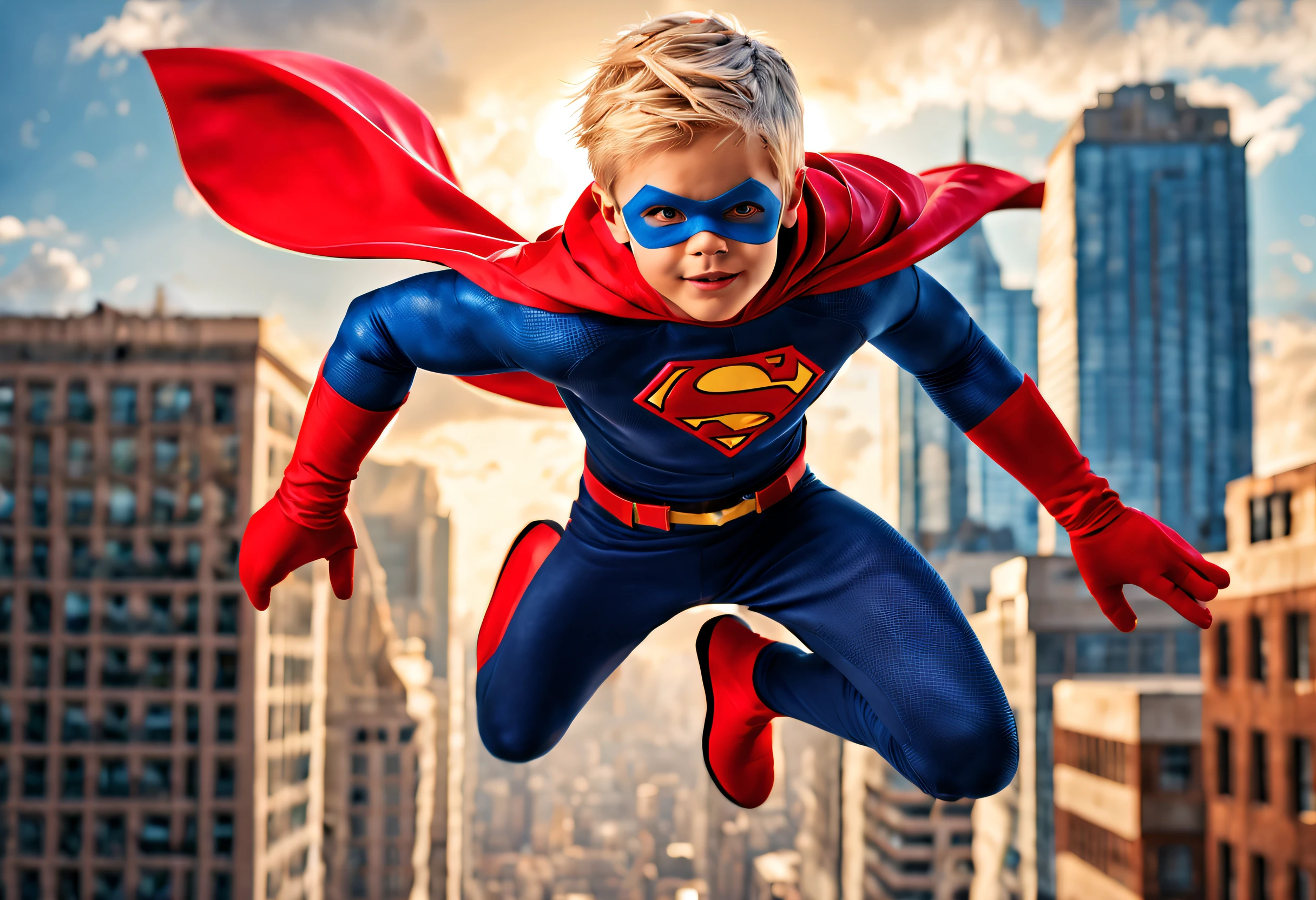 (best quality, 4k, 8k, high resolution, masterpiece: 1.2), ultra detailed, (realistic, photorealistic, photorealistic: 1.37), super boy wonder 3 , boy with extraordinary powers, flying through the sky, superhero costume , flowing cape behind, bright rays of energy radiating from his hands, body glowing with power, surrounded by vibrant colors, cityscape in the background, towering skyscrapers, bright sunlight illuminating the scene, dynamic action pose, courage and determination in his eyes, pulsing energy swirling around him. him, emblem on his chest shining with power, devastating super strength, ability to control elements, saving the world from the forces of evil, comic book style illustration, vibrant and bold colors, powerful and energetic brush strokes, fierce and heroic expression on his face, without seams integration of fantasy and reality, epic and grandiose atmosphere, impressive attention to detail, fast-paced and exciting composition, contrast of light and shadow, to convey a sense of drama and intensity.
