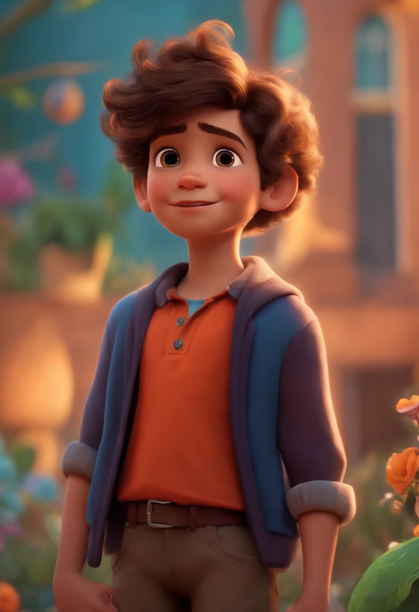 Image of a boy for a story in a YouTube video in Pixar format, He's the little allabester, He's the class leader, He's outgoing, Playful and gets up for a lot of things, cabelo curto