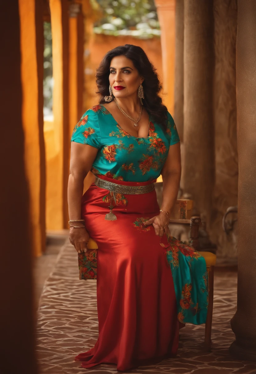 Crie uma mulher de 55 anos com um avental, fonnoaudiologa, sentada numa mesa mexendo num aparelho auditivo.