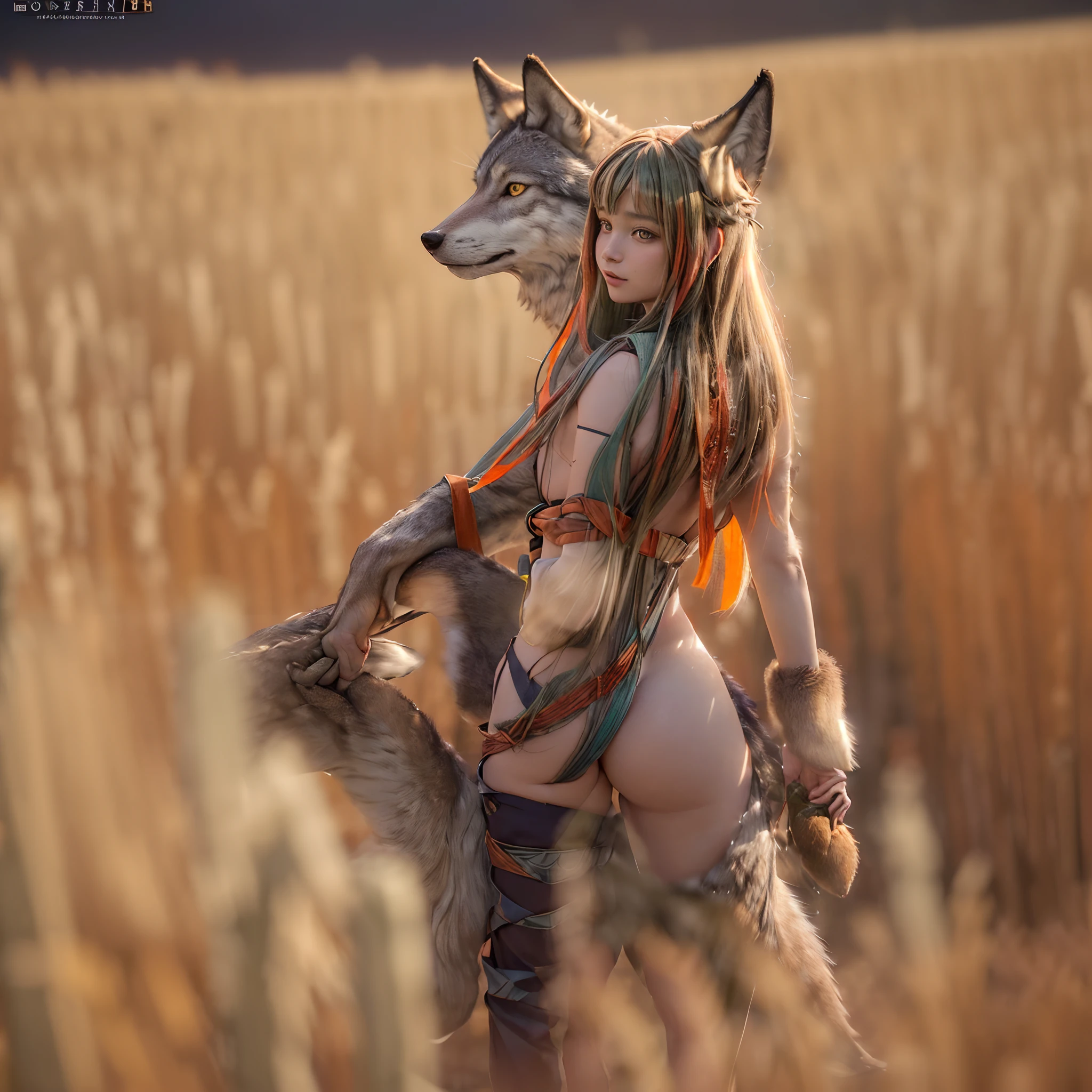 (((NSFW is still showing, Sage Holo、Spices and wolves、Cosplay))), ( ((Powered by Wolftail)), AS), (masutepiece:1.2, Best Quality, Photorealistic:1.37), {(standing full body:1.2)|(From below:1.2)},Extremely detailed, Burning wheat field, Bloody Moon, ( tail, Wolf tail),