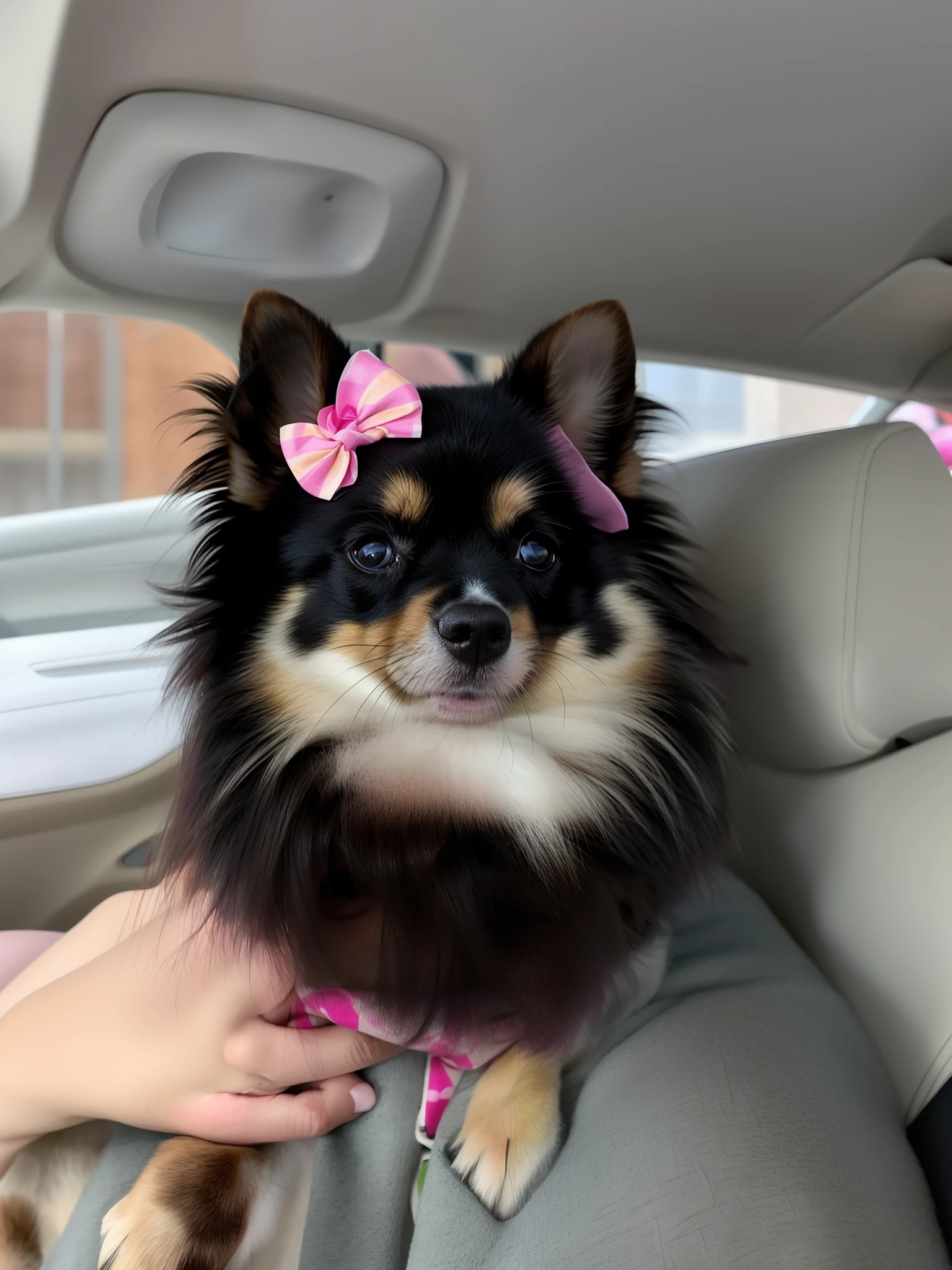 Araffe dog with a pink bow sitting in a car, Mistura Pomeriana, sentada em seu carro, flor em seu cabelo, ela tem um rosto bonito, ela tem um rosto expressivo bonito, Pomeranian, chihuahua de cabelos longos, peludo bonito precisa de sua ajuda, her face looks like an orchid, Directed by: Emma Andijewska, wearing pink hair bow