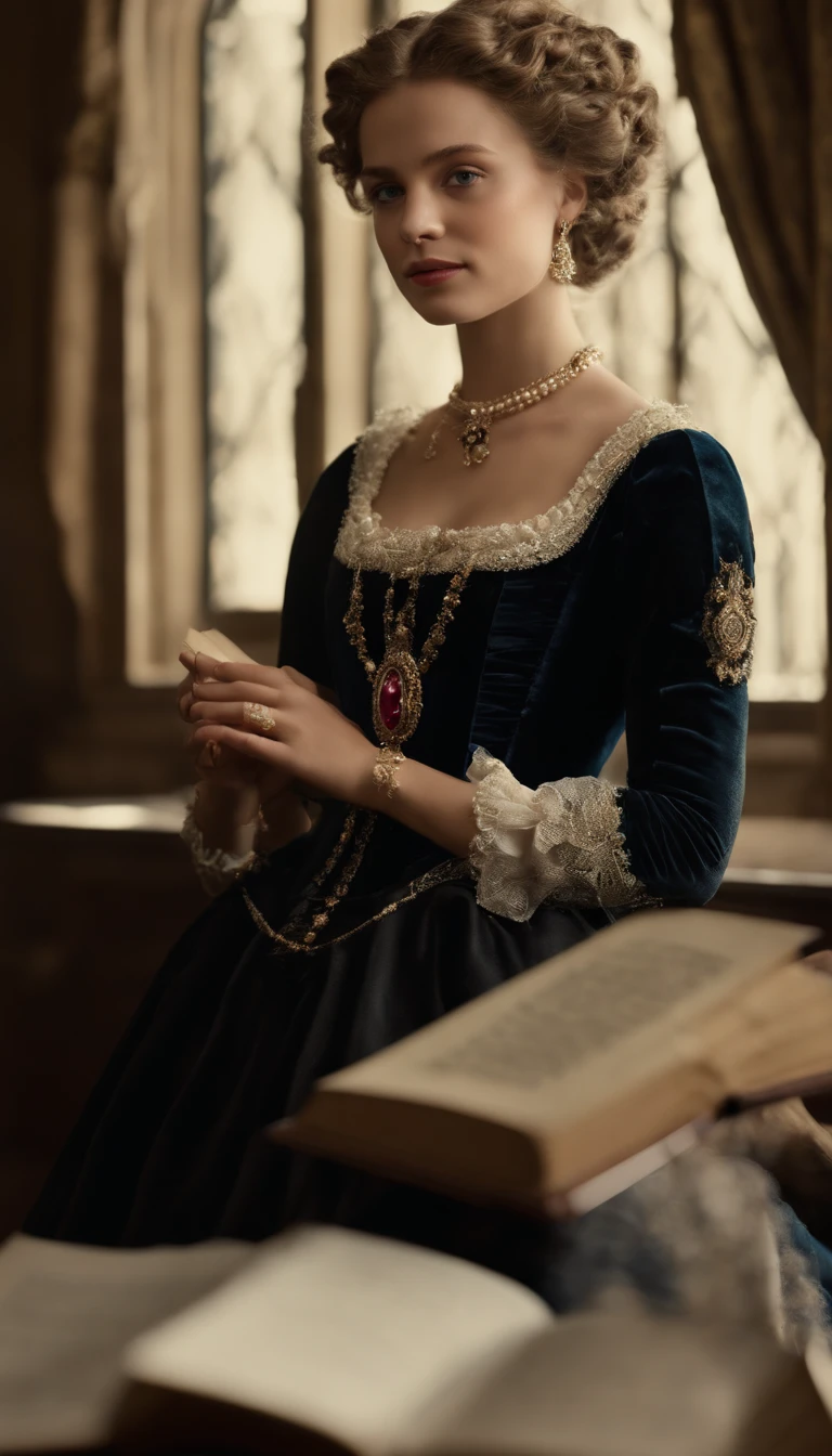 Imagem de um menino Valois, a young French courtesan of the sixteenth century of the fourteenth century, de 16 anos, com sua beleza e charme. with blue curly white hair with small strands and braids, e lindos expressivos olhos . She is dressed in an exquisite black dress with detailed details with pearls and gold, com um decote mergulhante em V. Joias finas, necklace with many pearls and rubies, Pearl earrings and rings on fingers with a book in hand. (melhor qualidade,ultra-realistic:1.2),A high resolution ,ultra-detalhado