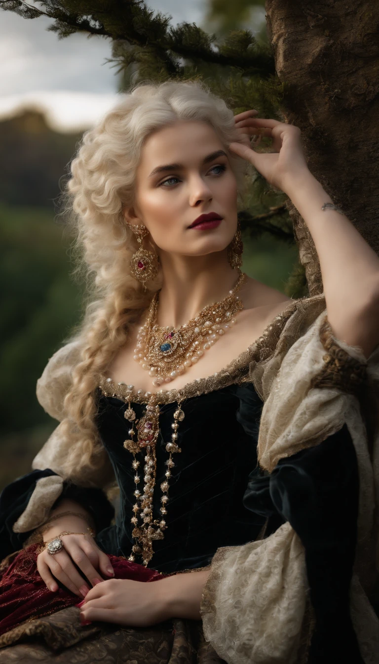 Imagem de um menino Valois, a young French courtesan of the sixteenth century of the fourteenth century, de 16 anos, com sua beleza e charme. with blue curly white hair with small strands and braids, e lindos expressivos olhos . She is dressed in an exquisite black dress with detailed details with pearls and gold, com um decote mergulhante em V. Joias finas, necklace with many pearls and rubies, Pearl earrings and rings on fingers with a book in hand. (melhor qualidade,ultra-realistic:1.2),A high resolution ,ultra-detalhado