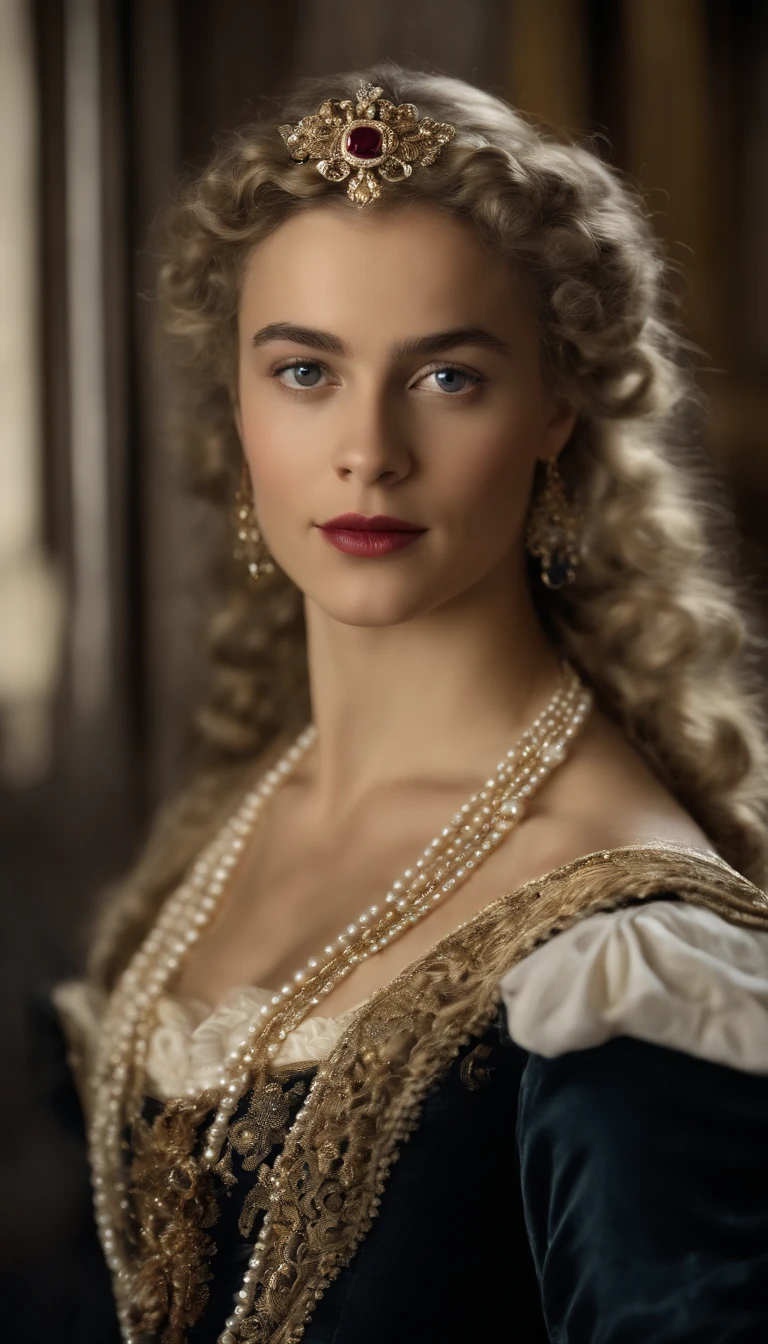 Imagem de um menino Valois, a young French courtesan of the sixteenth century of the fourteenth century, de 16 anos, com sua beleza e charme. with blue curly white hair with small strands and braids, e lindos expressivos olhos . She is dressed in an exquisite black dress with detailed details with pearls and gold, com um decote mergulhante em V. Joias finas, necklace with many pearls and rubies, Pearl earrings and rings on fingers with a book in hand. (melhor qualidade,ultra-realistic:1.2),A high resolution ,ultra-detalhado