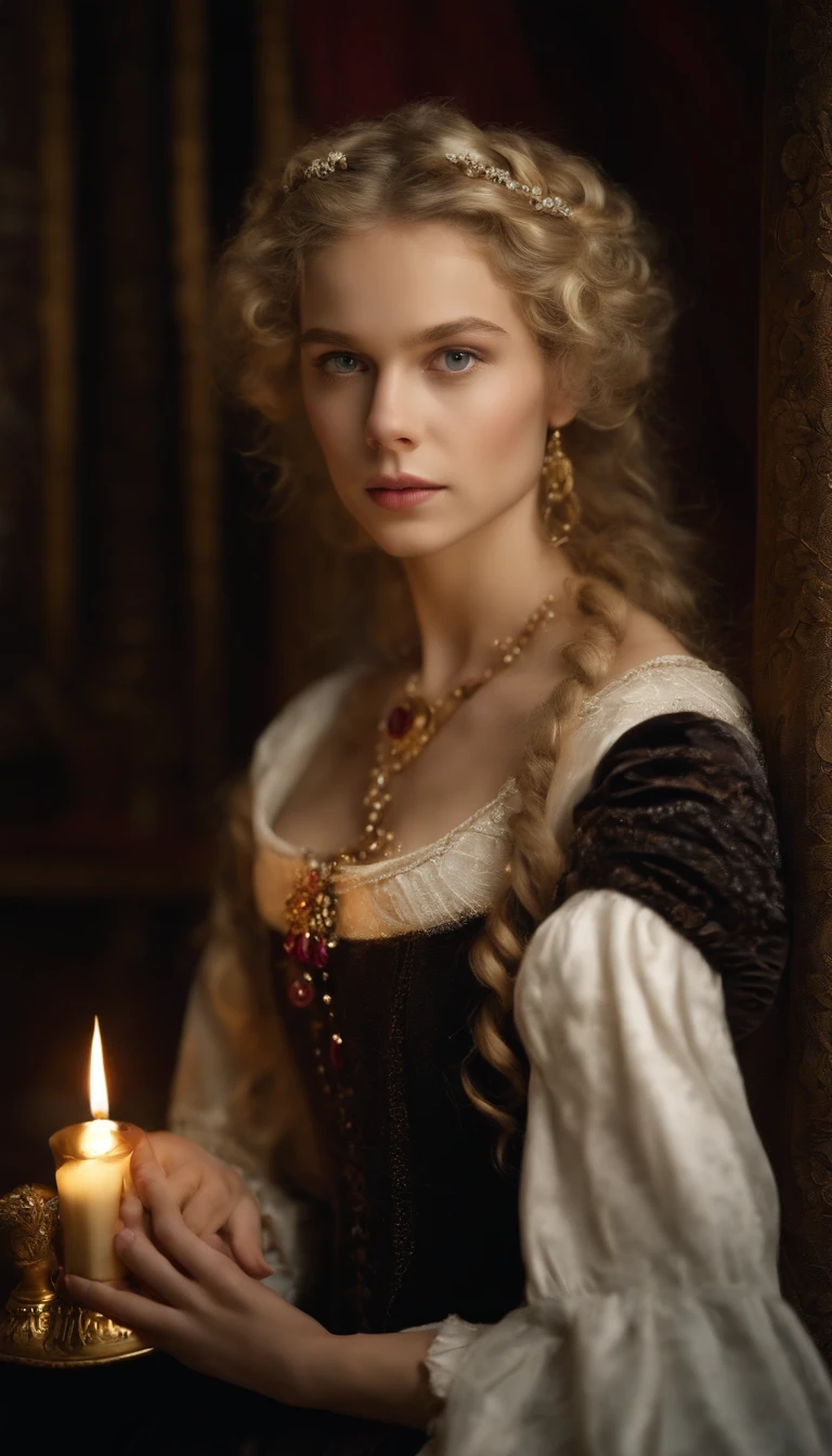 Imagem de um menino Valois, a young French courtesan of the sixteenth century of the fourteenth century, de 16 anos, com sua beleza e charme. with blue curly white hair with small strands and braids, e lindos expressivos olhos . She is dressed in an exquisite black dress with detailed details with pearls and gold, com um decote mergulhante em V. Joias finas, necklace with many pearls and rubies, Pearl earrings and rings on fingers with a book in hand. (melhor qualidade,ultra-realistic:1.2),A high resolution ,ultra-detalhado
