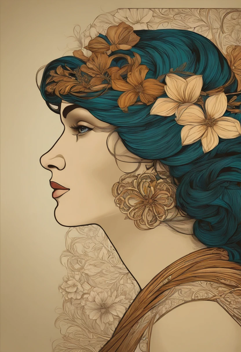 Retrato do rosto da mulher europeia, cabelos longos e cacheados, louro, moldura da flor, painel decorativo, abstract art, Directed by: Alphonse Mucha (master part, extremely high quality, high resolution: 1.4), circunstanciado, detalhes intrincados, 4k, salpicos de cor, arte de linha, Fibonacci, In Underwear