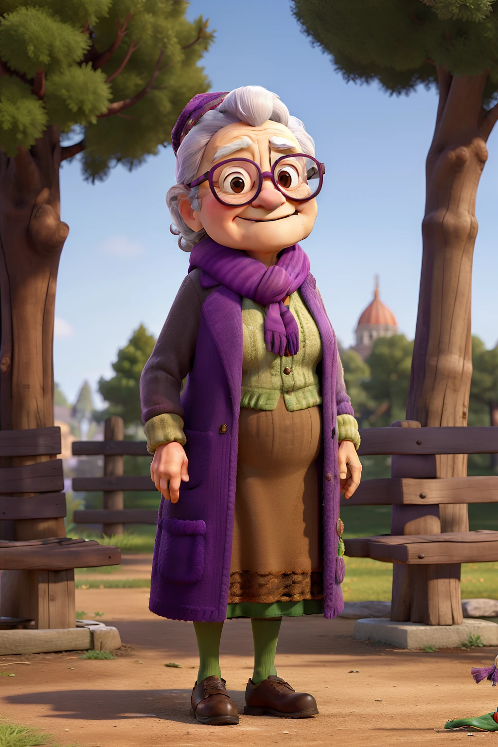 masterpiece, best quality, an old woman with glasses and a scarf on, wearing a purple coat and green scarf, standing at the park