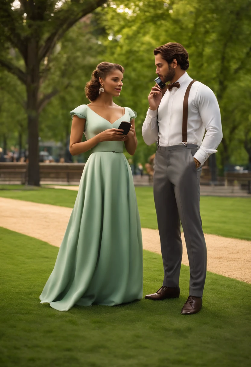 Image of a couple for a romance film in Pixar format. The image features a man and a woman standing together on a lush green lawn, both dressed in formal attire and each holding a cell phone. The woman is on the left, wearing a long, light green dress paired with white shoes. On the right, the man is styled in a white shirt, grey trousers, suspenders and white shoes. The atmosphere is lively, replicated by several individuals, benches, and trees visible in the background, along with some buildings in the distance.