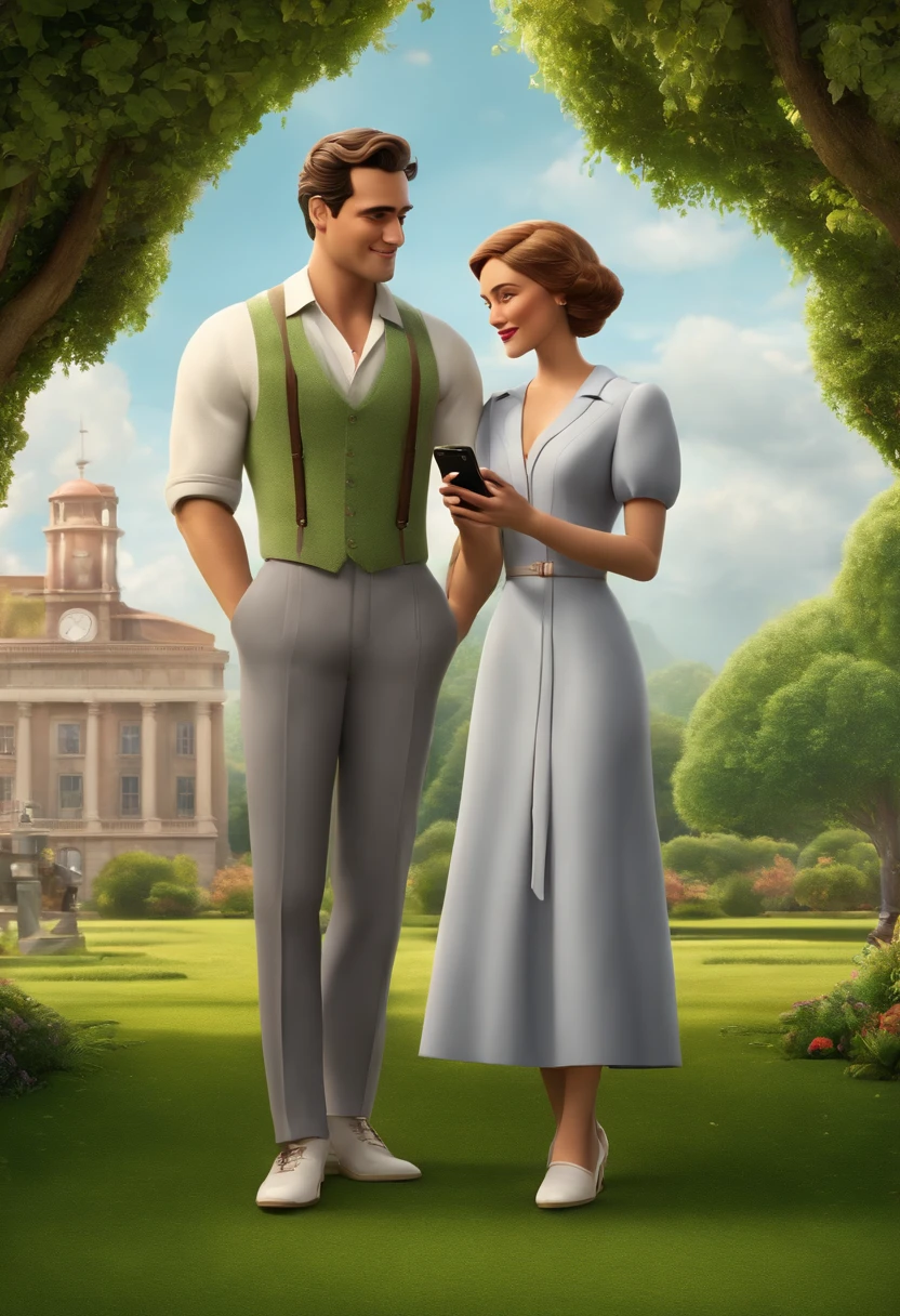 Image of a couple for a romance film in Pixar format. The image features a man and a woman standing together on a lush green lawn, both dressed in formal attire and each holding a cell phone. The woman is on the left, wearing a long, light green dress paired with white shoes. On the right, the man is styled in a white shirt, grey trousers, suspenders and white shoes. The atmosphere is lively, replicated by several individuals, benches, and trees visible in the background, along with some buildings in the distance.
