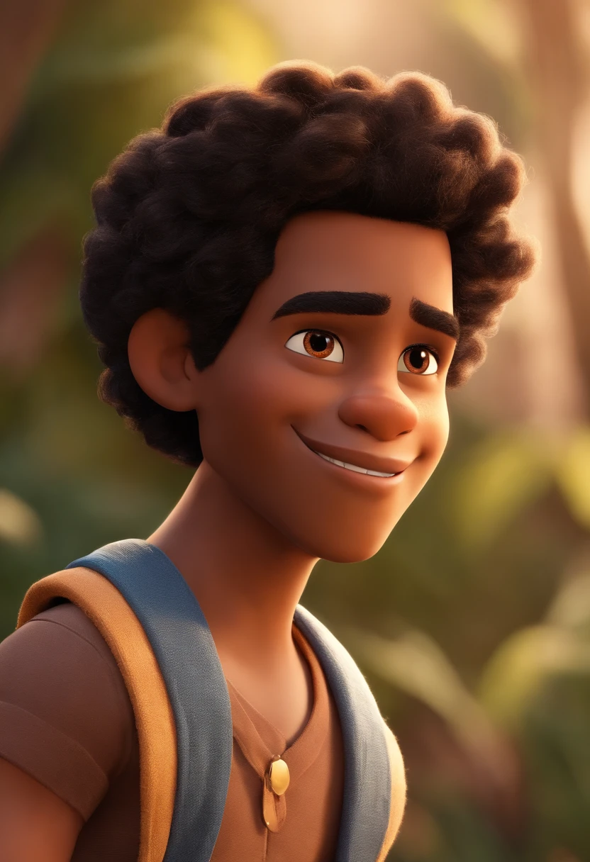 criar a capa de um filme animado estilo pixar, com um homem de 22 anos negro, cabelo chacheado curto com degrade nas laterais do cabelo, sorrindo e bonito, sobrencelha com um risco fino na esquerda, um bigode fino e um cavanhaque, brinco de diamante na orelha esquerda