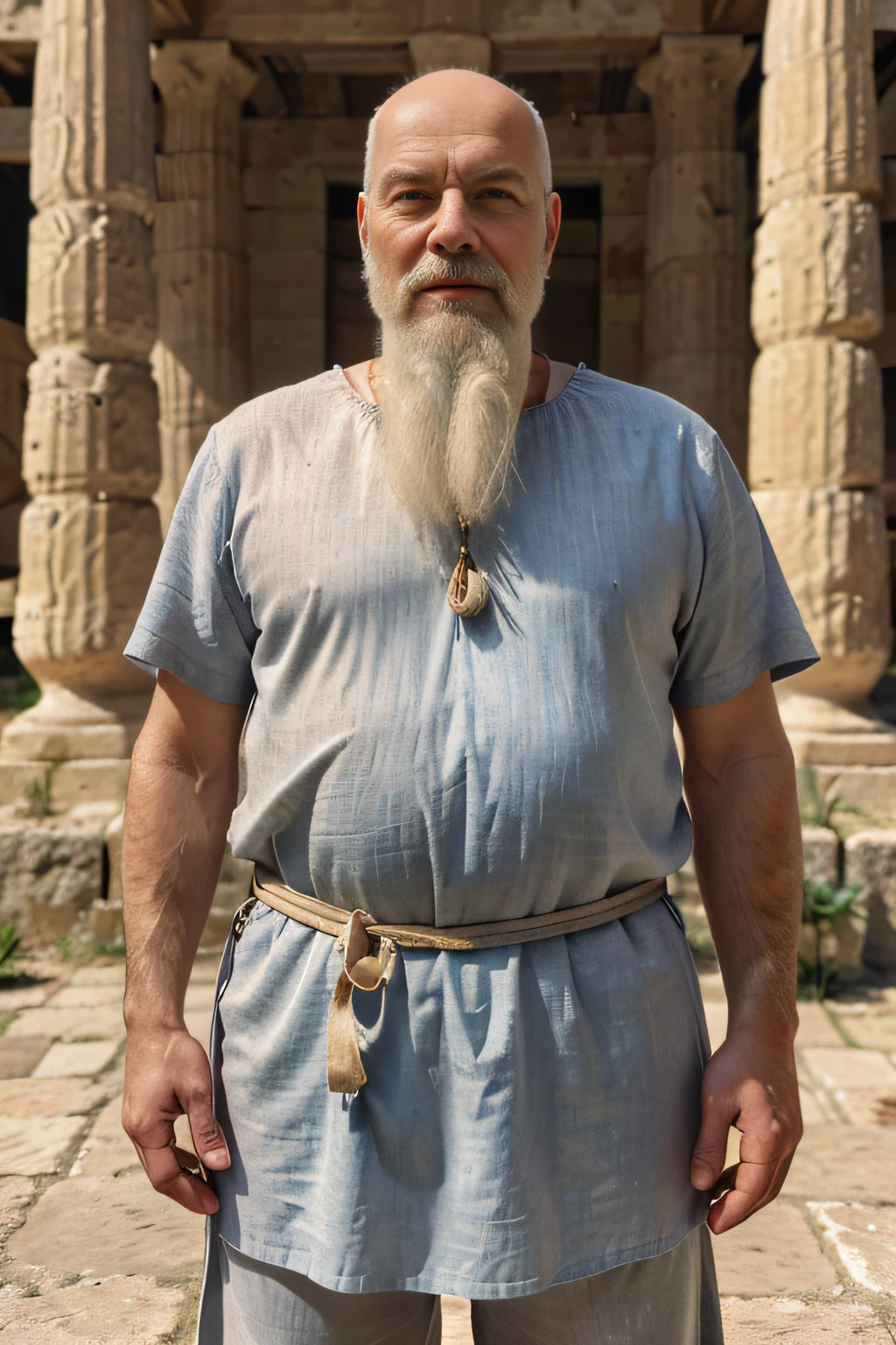 Frontal photograph of an elderly, bald, white-bearded Greek man in ancient Greek clothes. The lighting is natural with a single coloured background behind this older man with a white beard and bald head, wearing ancient Greek clothes, fully clothed, his body is not naked. He is facing frontally and standing on a stone floor. His mouth is closed but with a smile.