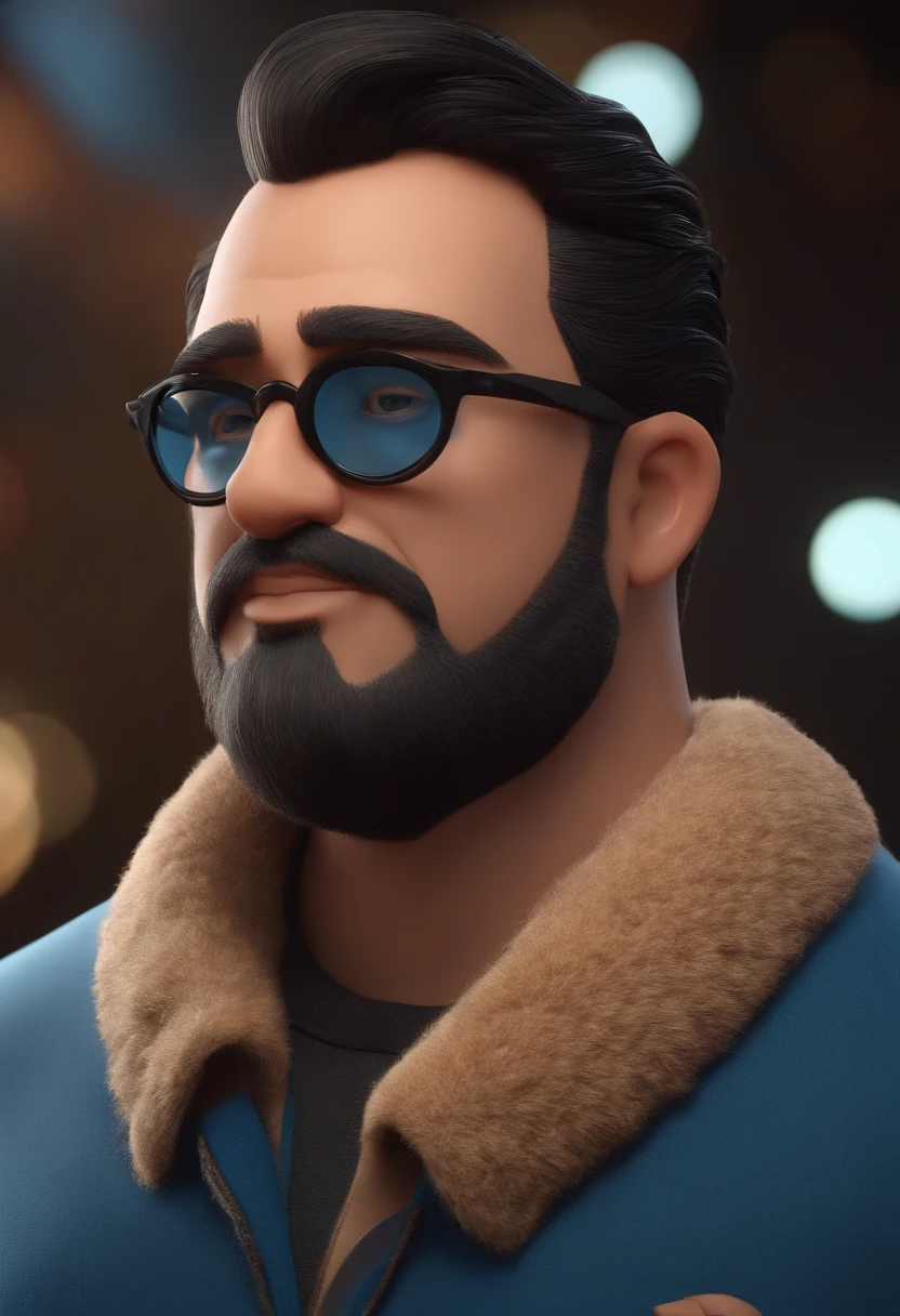 Cartoon character of a man wearing black glasses and a blue shirt, um personagem animado, Caractere estilizado, animation style rendering, 3D estilizado, Arnold Maya render, 3 d render stylized, toon render keyshot, Personagem 3D, Personagem 3D, 3d rendering stylized, 3 d character render, personagem de desenho animado, Personagem de close up, Pose de personagem, (Estilo Pixar) (master part:1.2) (Bokeh) (best quality) (pele detalhada) (textura detalhada) (8k) (argila) (Cinematic lighting) (foco nítido，Senta e vaza a parte superior do corpo