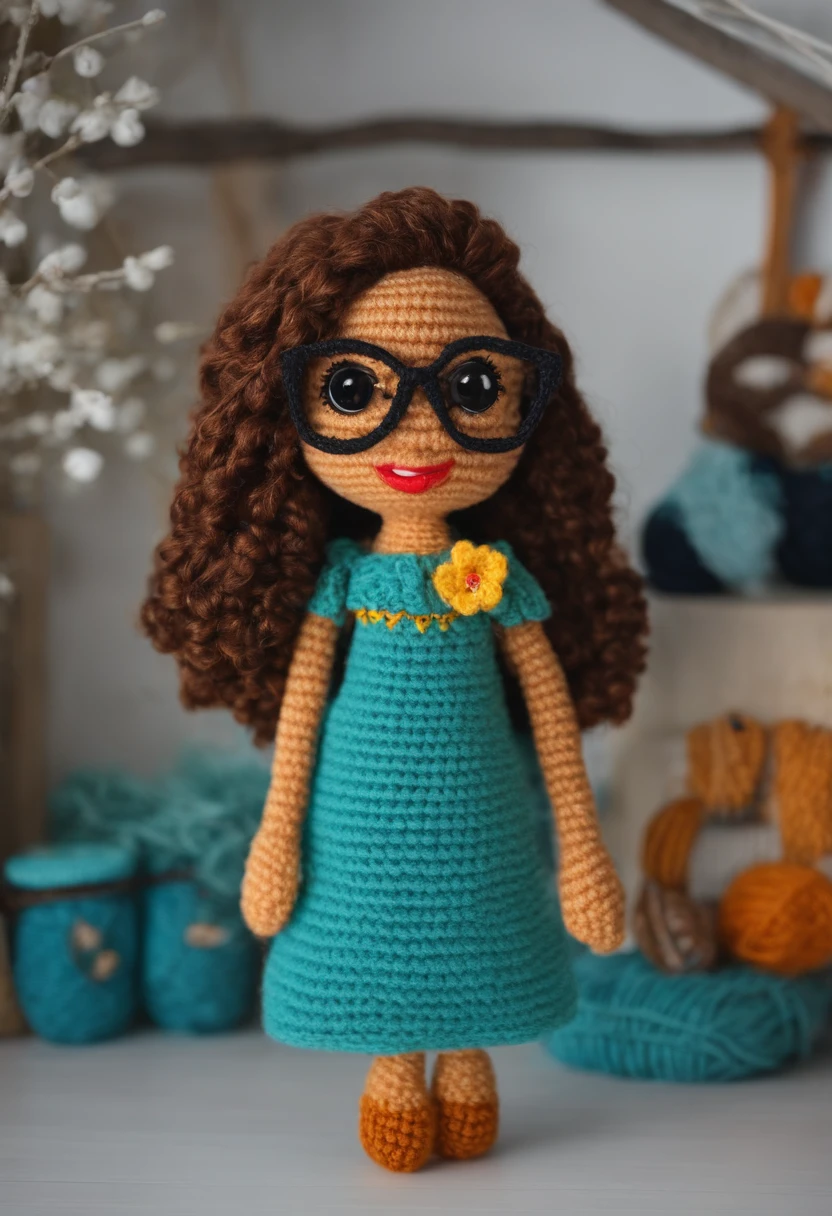 Create a pixar-style female character inside an Amigurumi atelier, com pele morena clara, o cabelo longo com cachos e luzes loiras , rosto quadrado, Brown eyes and with square glasses, sorridente, with several Amigurumi