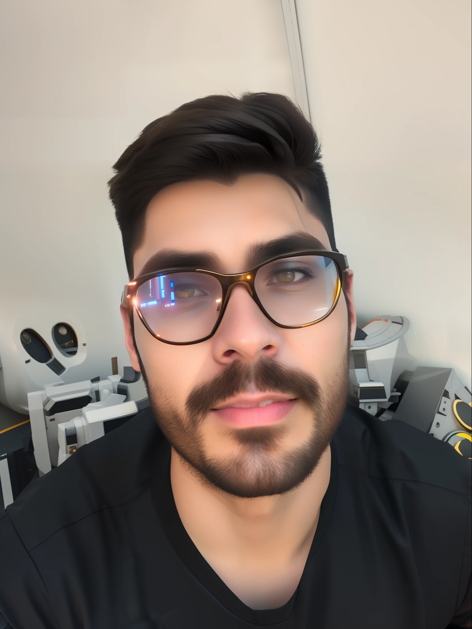 fking_scifi, award-winning photo of a man, black flight suit with yellow accents, brown hair, (gray eyes:1.35), square jawline, asymmetric face, standing in front of a window on a space ship, 80mm, bokeh, mass effect, close up, fking_cinema_v2