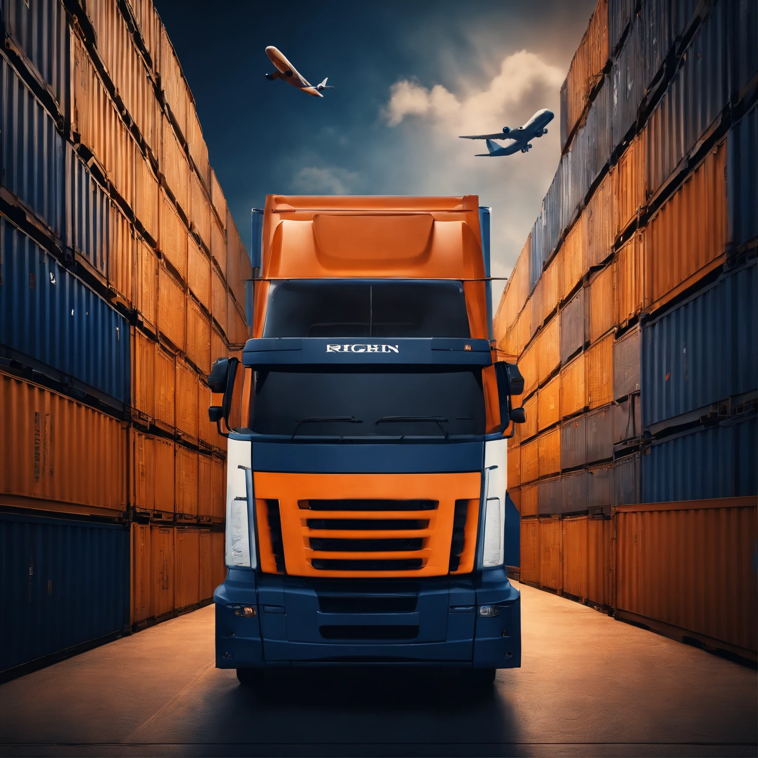 All in dark blue orange tones, Background - abstract world map, Right forklift with boxes, Upstairs is a cargo plane, Right rear view of open truck container doors, where the boxes are visible