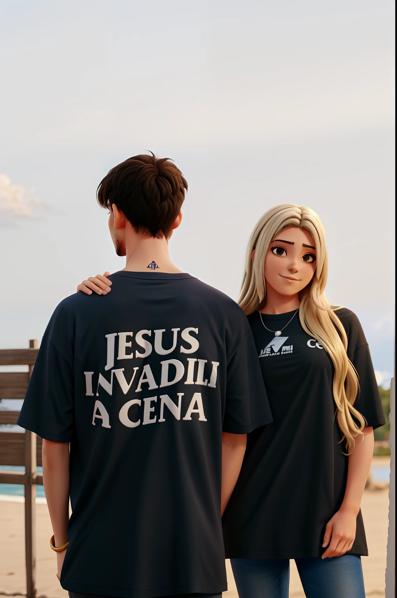 Casal, blusa com a frase Jesus invadiu a cena. Na frente, por do sol ao fundo