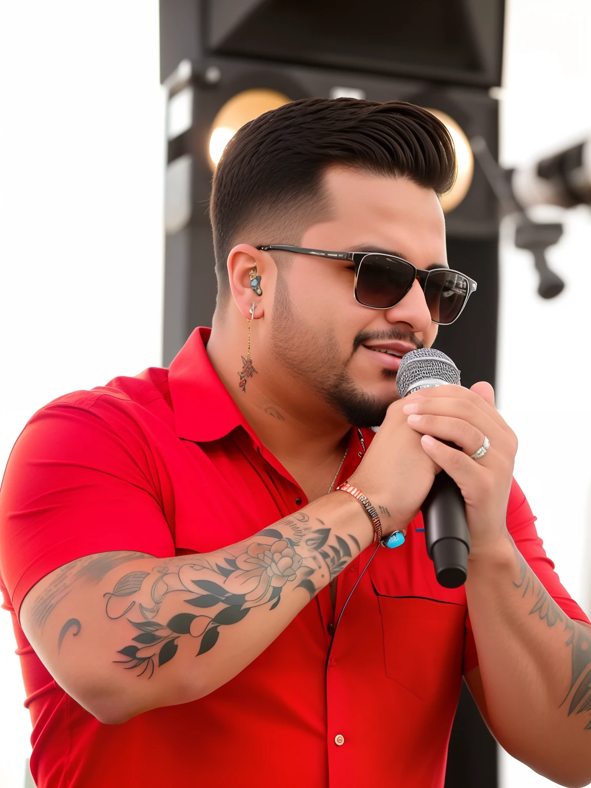 Araffe man with a microphone and a tattoo on his arm, cantor Douglas Ranngel sertanejo
