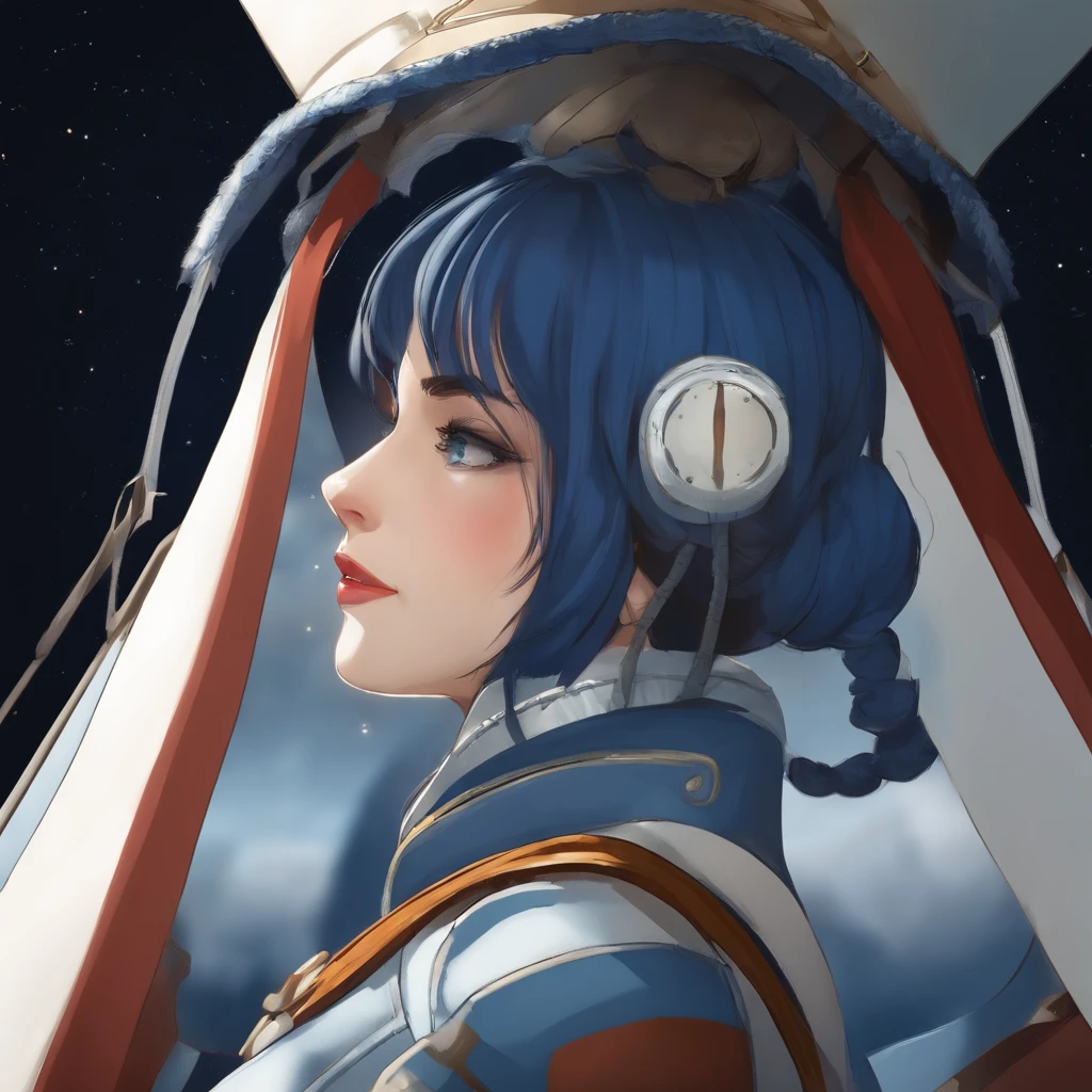 2D, master part, best quality, anime, Rosto altamente detalhado, olhos altamente detalhados, Antecedentes altamente detalhados, perfect lighting, cowboy shot, 1girl, sozinho, quem rosenthal, vestido de gola alta, vestido curto, mangas curtas, Jaqueta azul, coxas pretas, cabelos desprendidos, cabelos longos, Caudas duplas baixas, corte de bob, gravata, kalap, luvas brancas, luvas de cotovelo, quadris largos, sorrir, Standing, spacecraft interior