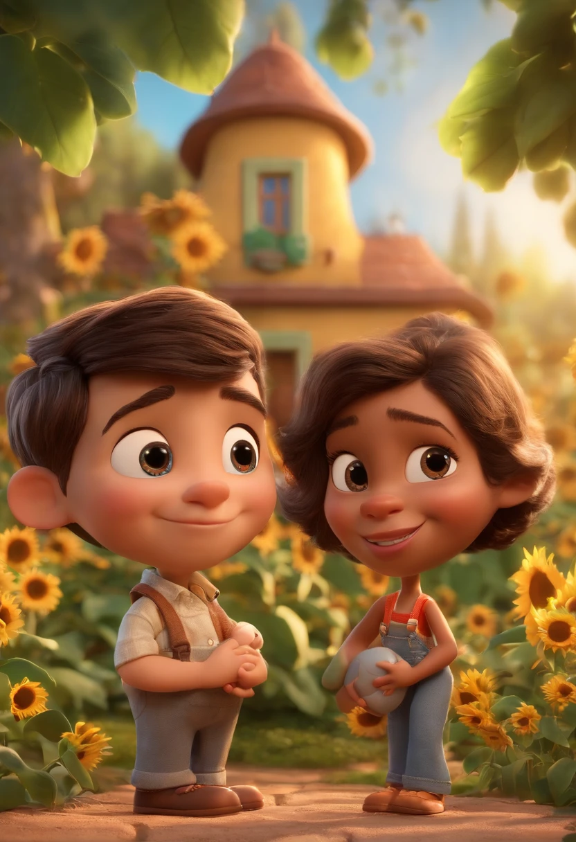 Create a Disney PIXAR-style 3D poster. ((centro da imagem, Triplets)), ((3 children)) ((1 menino no meio e 2 meninas ao lado, They're hugging each other, O menino tem pele castanha e cabelos castanhos escuros e olhos castanhos escuros, 1 menina tem pele clara, olhos e cabelos escuros e cacheados, e a outra menina tem pele morena, olhos escuros e cabelos escuros e lisos)) ((tudo isso no estilo Disney PIXAR 3D, In the background, A house of sunflowers, Gloria Studio, The garden is full of nature 3D render RTX clay material, estilo de design cartunesco, POP Mart, soft lighting, linhas suaves, Spring tilt, Detailed illustrations of PIXAR 3D, Detalhes hiper-realistas, cor quente no estilo Disney PIXAR 3D))