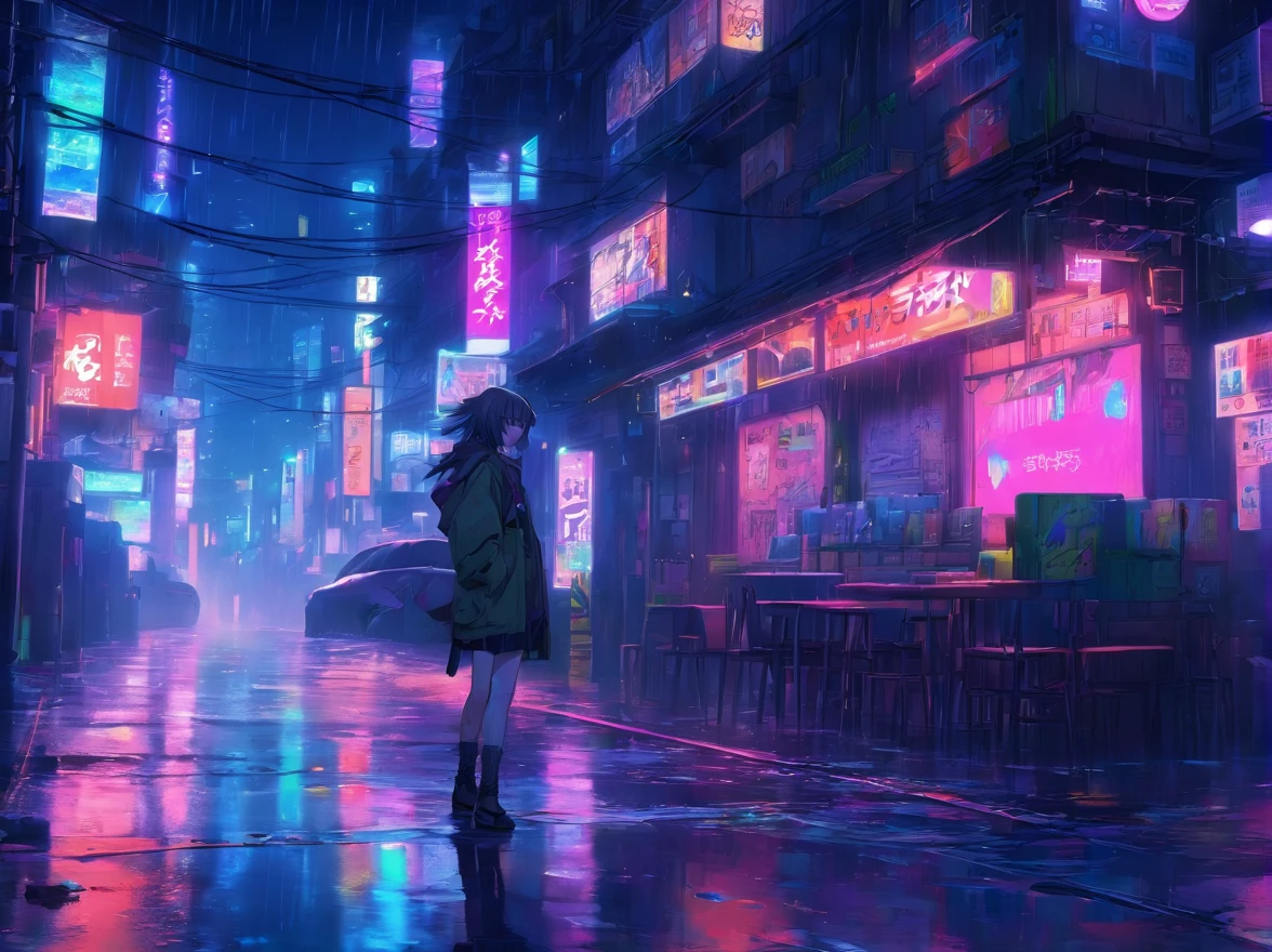 calle estrecha, ciudad, noche, lluvia, cyberpunk, A high resolution, ultrasharp, 8k, obra maestra