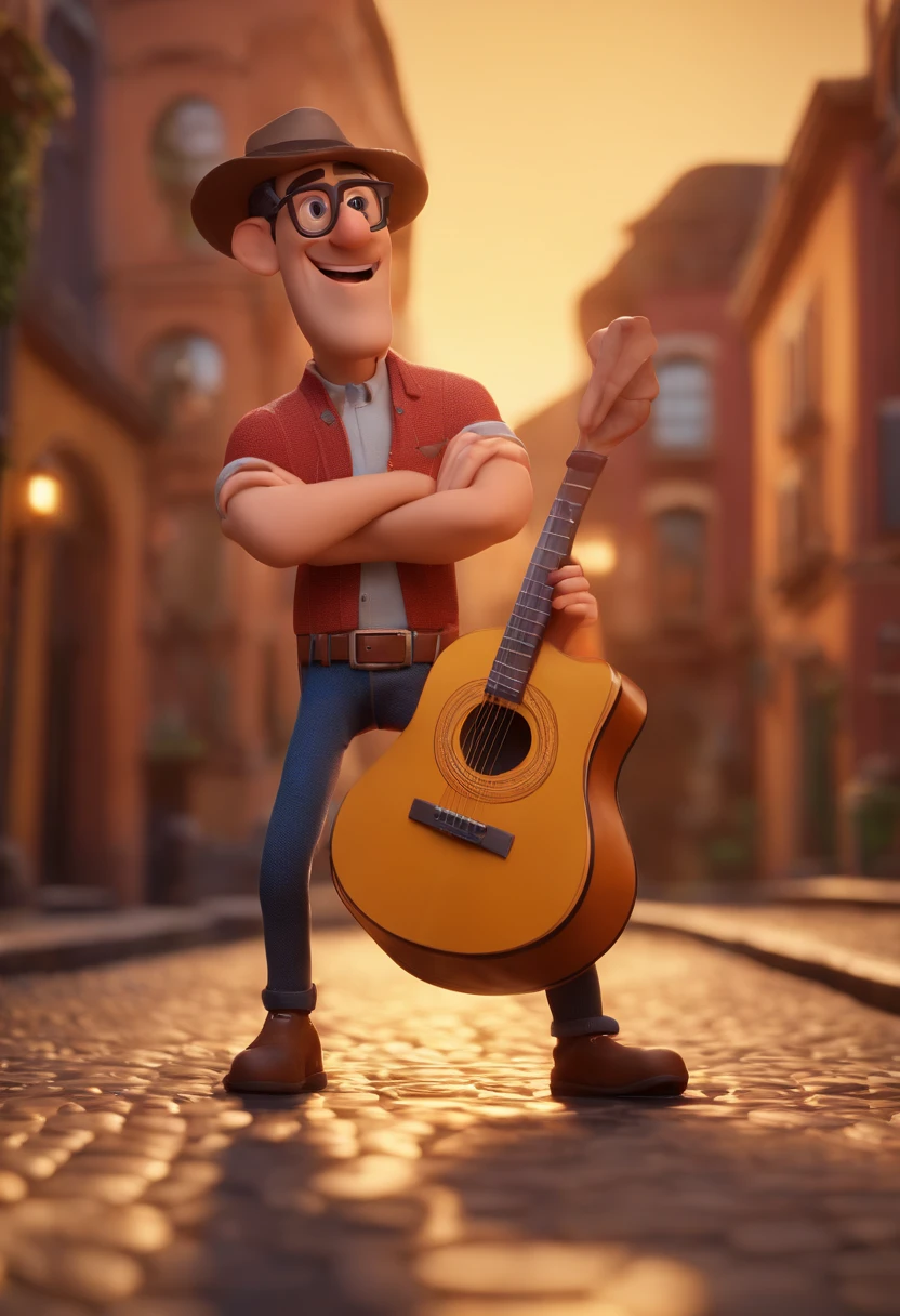 Cartoon character of a man with glasses , kalap, barba ,playing the guitar, gordinho,animation character, Caractere estilizado, animation style rendering, 3D estilizado, Arnold Maya render, 3 d render stylized, toon render keyshot, Personagem 3D, Personagem 3D, 3d rendering stylized, 3 d character render, personagem de desenho animado, Personagem de close up, Pose de personagem, (Estilo Pixar) (master part:1.2) (Bokeh) (best quality) (pele detalhada) (textura detalhada) (8k) (argila) (Cinematic lighting) (foco nítido