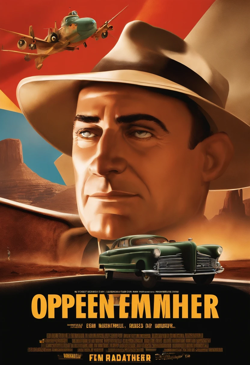 filme Oppenheimer 2023 estilo filmes Pixar, Com nome "Oppenheimer", poster, with credits