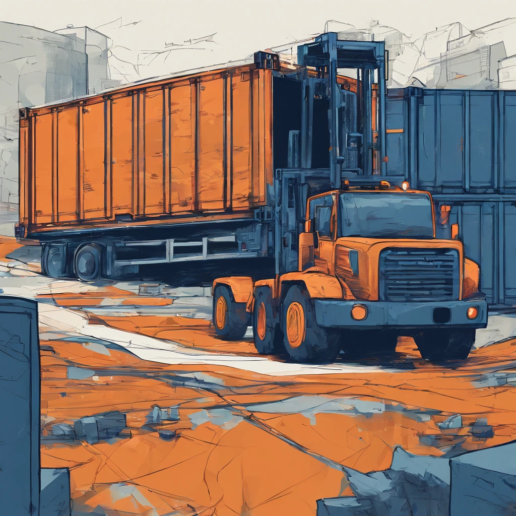 All in dark blue orange tones, Background - abstract world map, Right forklift with boxes, Upstairs is a cargo plane, Right rear view of open truck container doors, where the boxes are visible