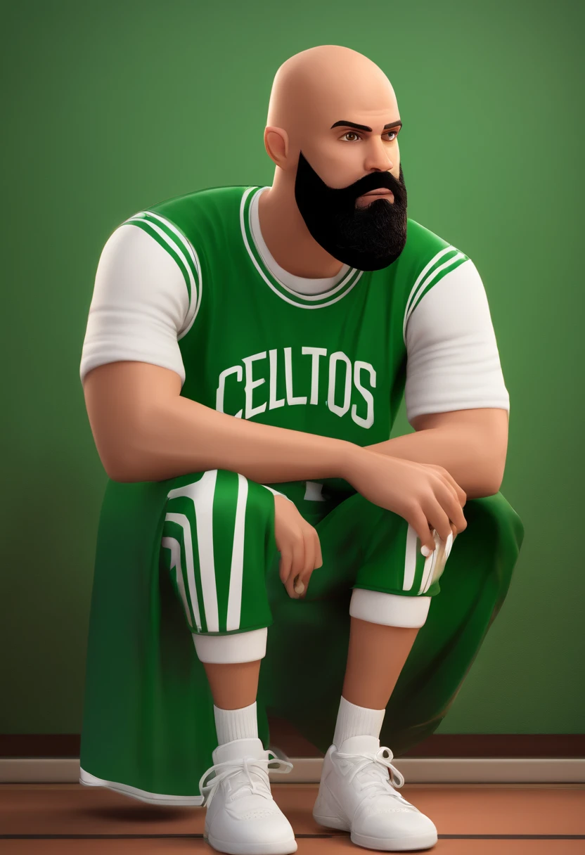 Create character 36 year old male, bald, bearded, wearing boston celtics shirt, playing basketball, white sneakers inspired by the disney pixar univers