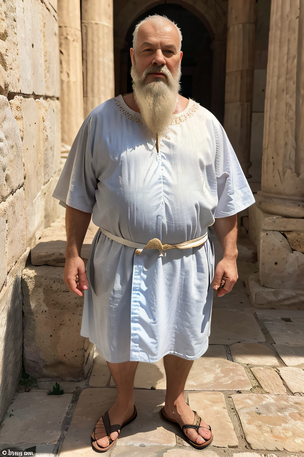 Frontal photograph of an elderly, bald, white-bearded Greek man in ancient Greek clothes. The lighting is natural with a single coloured background behind this older man with a white beard and bald head, wearing ancient Greek clothes, fully clothed, his body is not naked. He is facing frontally and standing on a stone floor. His mouth is closed but with a smile.