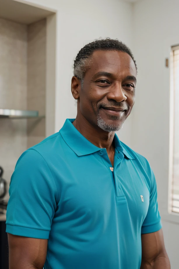 criar imagem de homem negro, looking 60 years old, sorrindo sem fundo. homem veste uma camisa polo azul claro