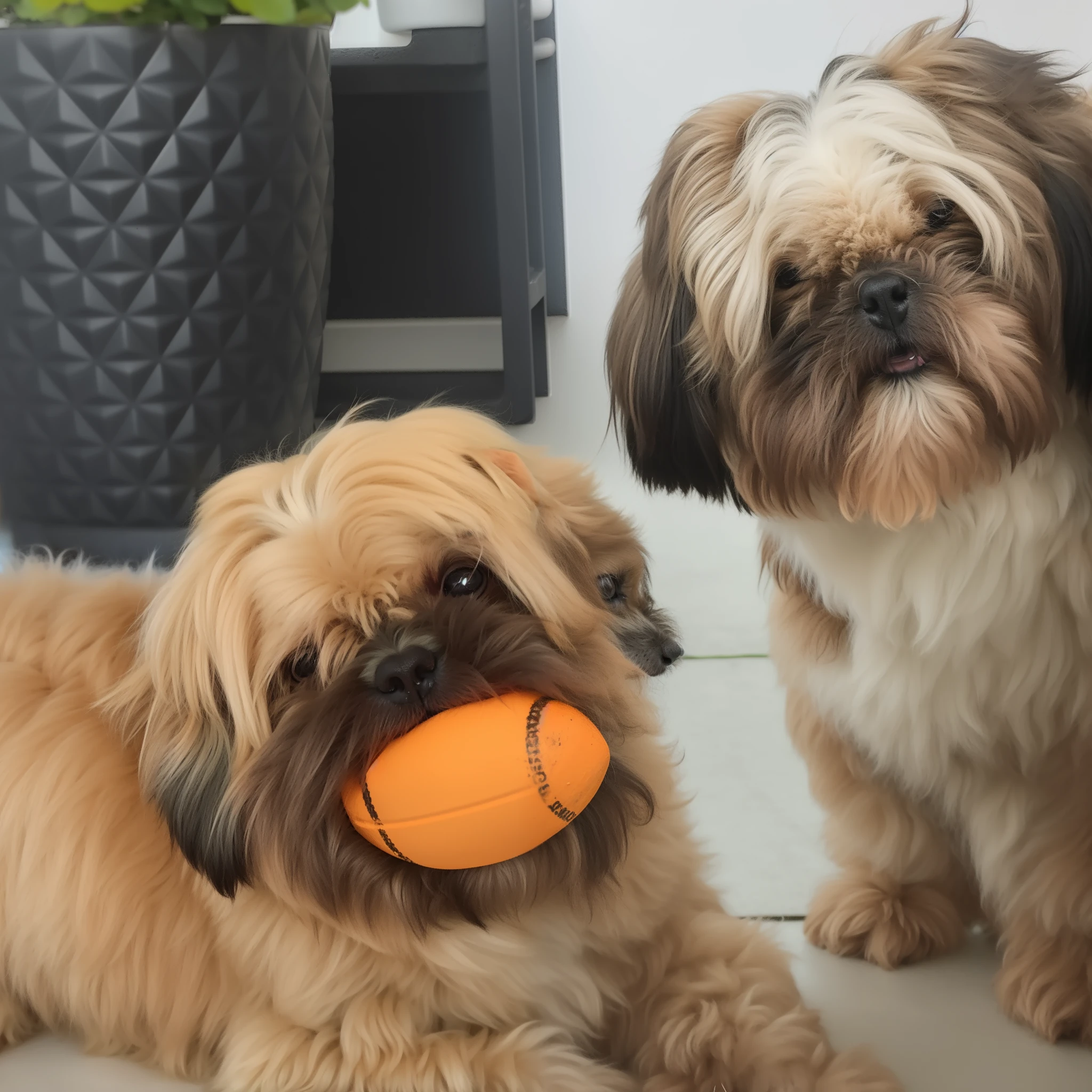 5 Shitzu dogs , no estilo pixar , no jardim, sendo um bege com preto deitado com uma bola na boca, Another brown tricolor with white with tongue sticking out, looking-into-camera, uma bege com branco com carinha de brava e lacinho rosa, outra preto e branco com lacinho azul e outra cinza com branco de lacinho verde.