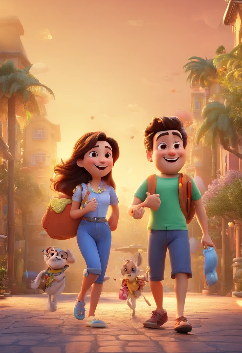 Cartoon of friends having fun on vacation together,  3D Animation Movie Poster, Poster de filme animado, pixar 3 d animation style, pixar renderman rendering, maia 8 mil, animated film, Disney Pixar Estilo 3D, amigos felizes saem juntos, all wearing white shirts and long black pants, camisa branca, black pant, ao ar livre, vacation, Disney Pixar Animation Poster