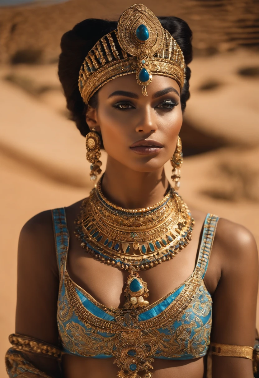 A photograph of Cleopatra with natural skin, cabelos pretos curtos e volumosos, olhos afiados com sombra azul, nariz fino e virado para cima, shaped lips, uma forma de corpo de ampulheta, Typical clothes, e maquiagem, intrincadamente maximalista-detalhado, vibrante, epics, liso, cinemactic, 4k, retroiluminado, fundo do deserto da fantasia, e uma profundidade de campo rasa.