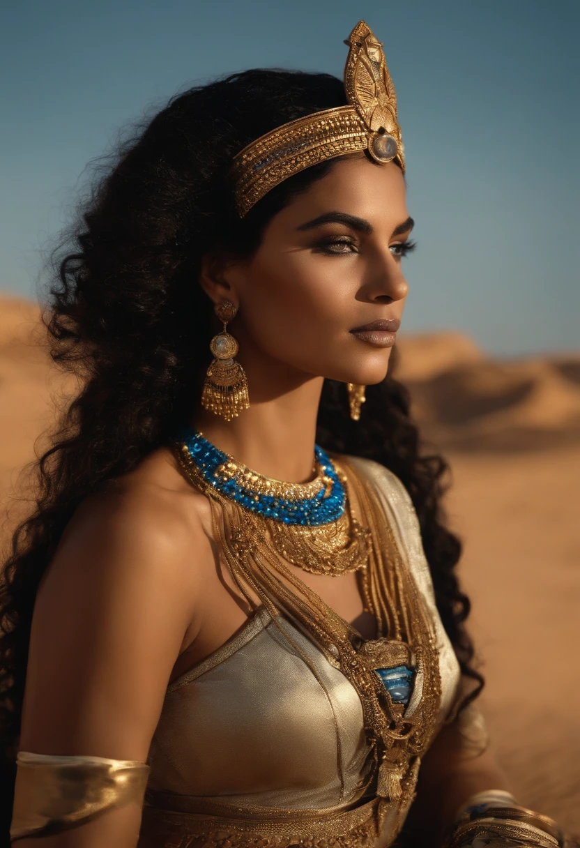 A photograph of Cleopatra with natural skin, cabelos pretos curtos e volumosos, olhos afiados com sombra azul, nariz fino e virado para cima, shaped lips, uma forma de corpo de ampulheta, Typical clothes, e maquiagem, intrincadamente maximalista-detalhado, vibrante, epics, liso, cinemactic, 4k, retroiluminado, fundo do deserto da fantasia, e uma profundidade de campo rasa.
