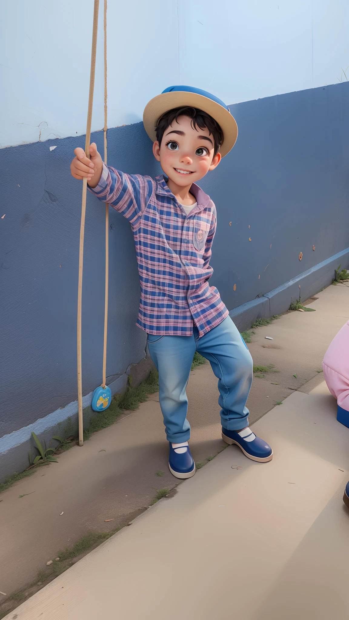A Jornada dos Pequenos Exploradores: a happy boy sitting on the floor, na floresta, com uma pequena mochila azul nas costas, blusa amarela, bermuda preta, bota de trilha azul