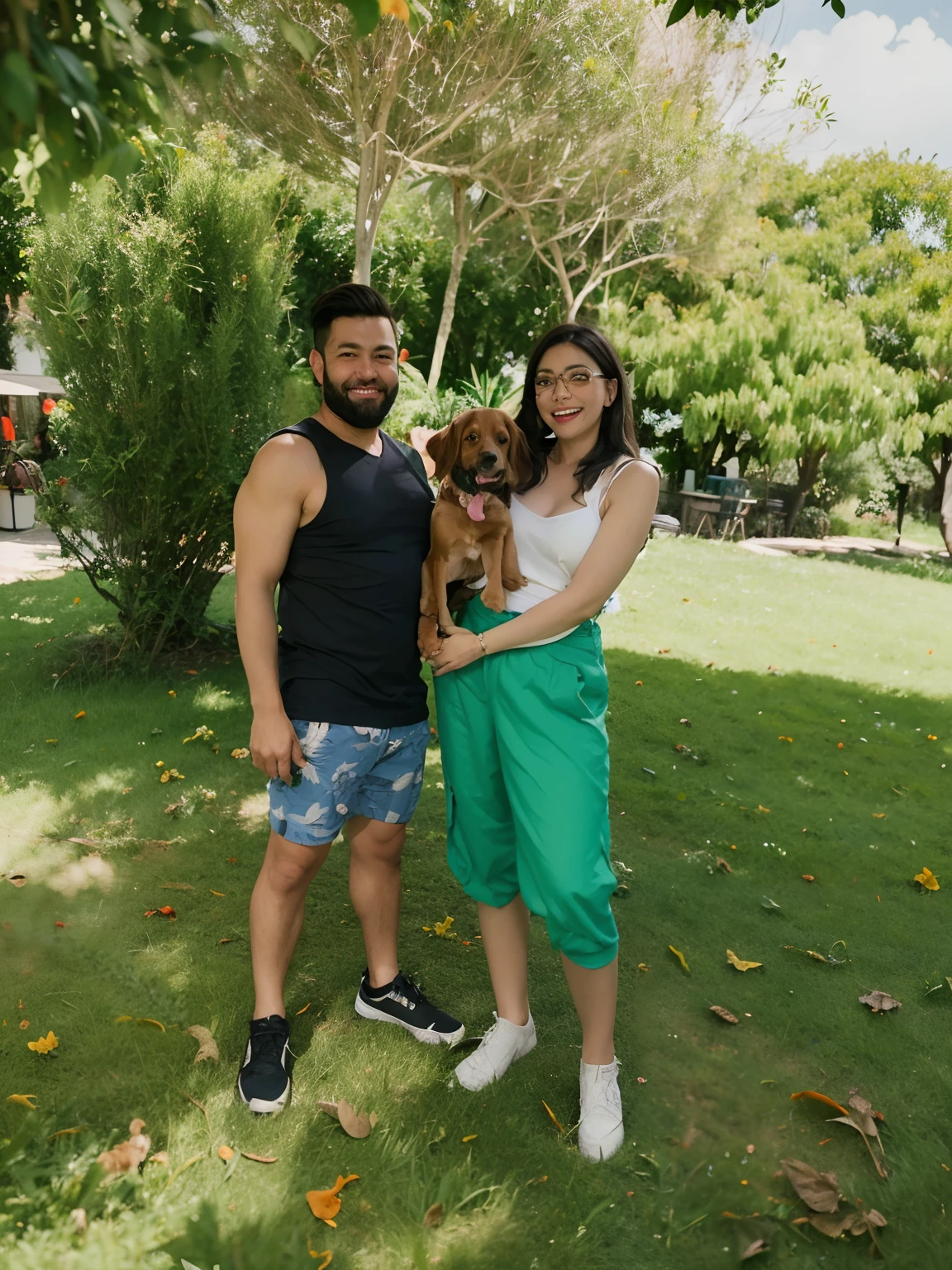 um casal em um ambiente arborizado, The man is white tied hair and full beard, Wide smile wears a pair of military-print pants and a gray shirt, Woman is brunette cappuccino color wears white glasses, cabelos pretos e soltos, e tem um cachorrinho dachshund cor de chocolatre, everyone is smiling and happy, o fundo deve ser estilo pixar