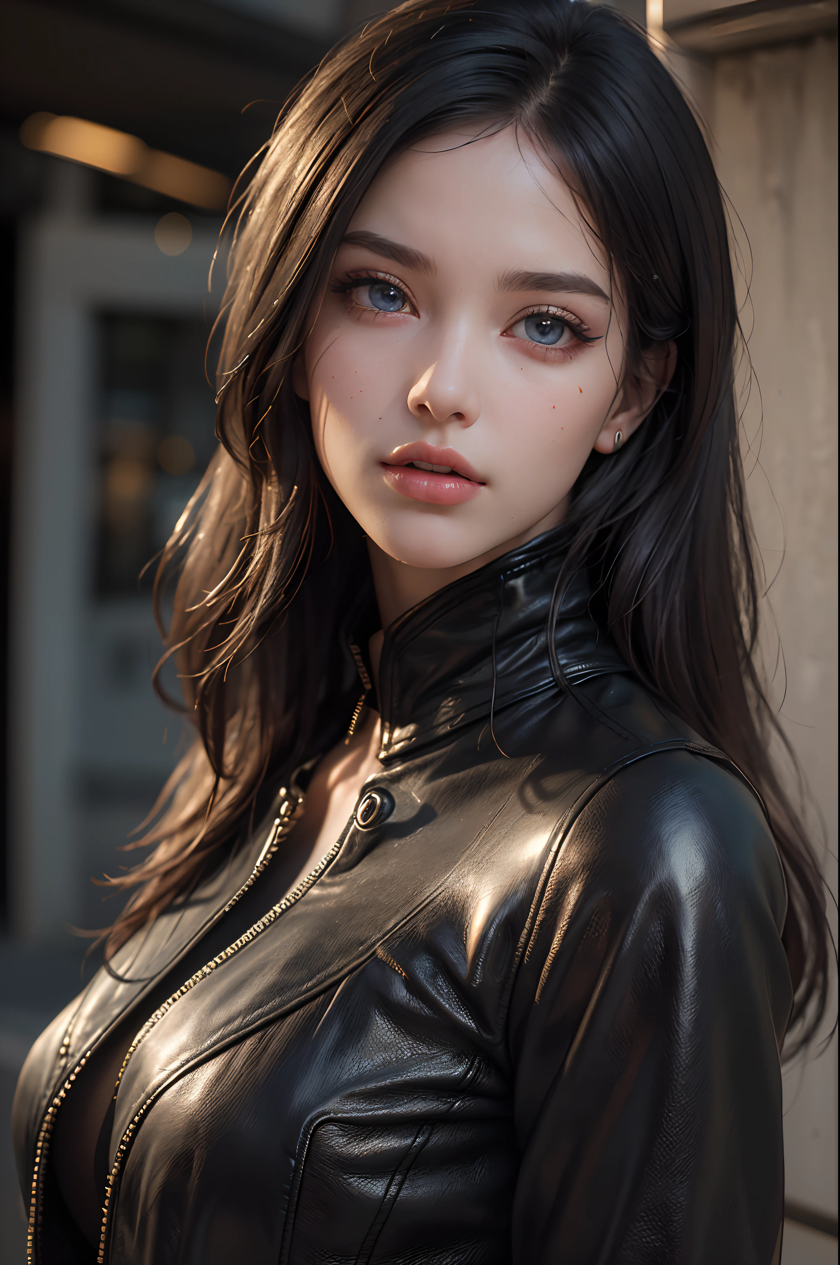 ((wallpaper 8k)), ((high detailed)), ((masterpiece)), ((best quality:1.2)), ((hdr)), ((absurdres)), ((RAW photo)), face, huge breasts, cleavage, (dynamic pose), leather jacket, black bikini <lora:DFA_Free_Ver:0.7> <lora:add_detail:0.7>
